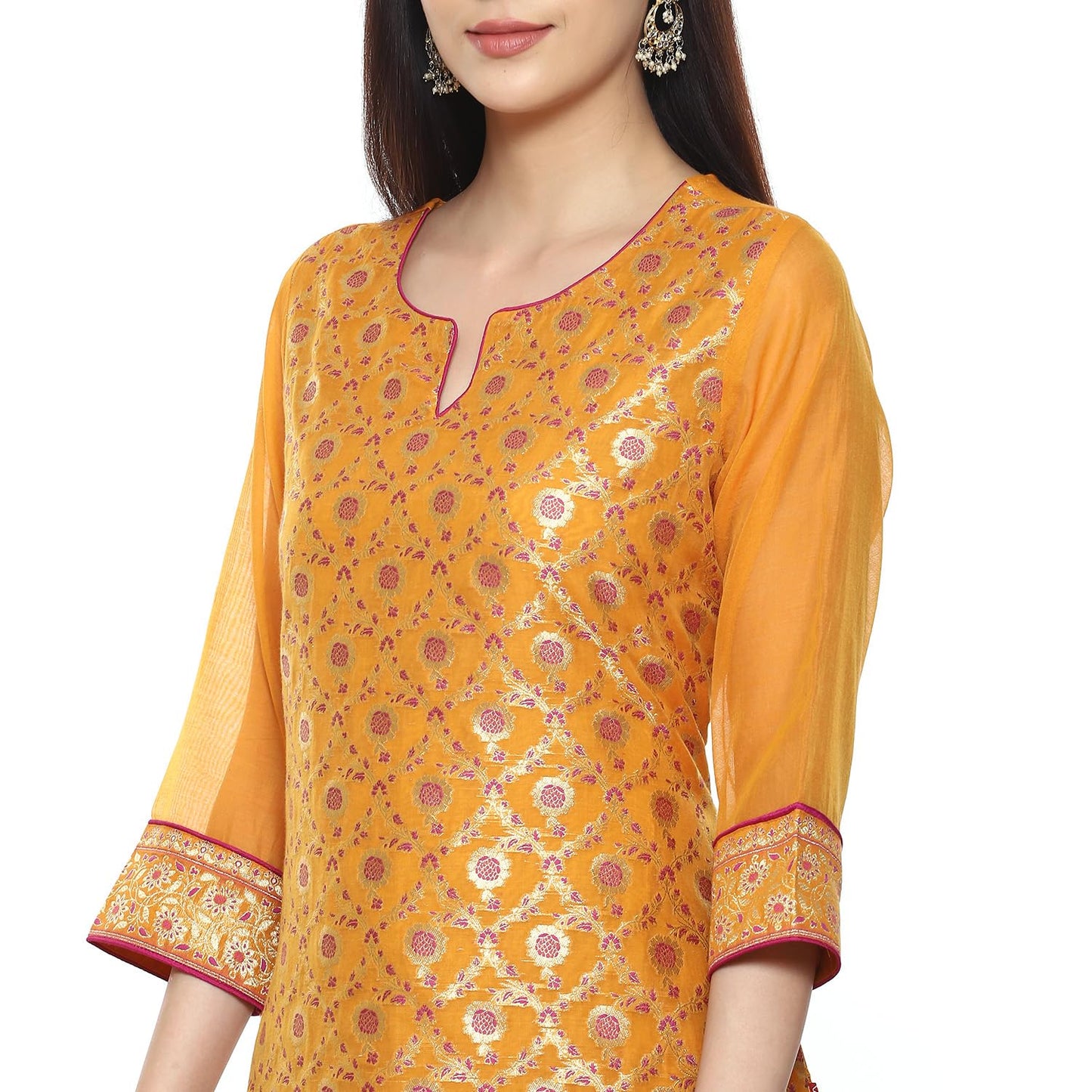 BIBA Women's Polyester Blend Kurta Palazzo Suit Set Yellow M