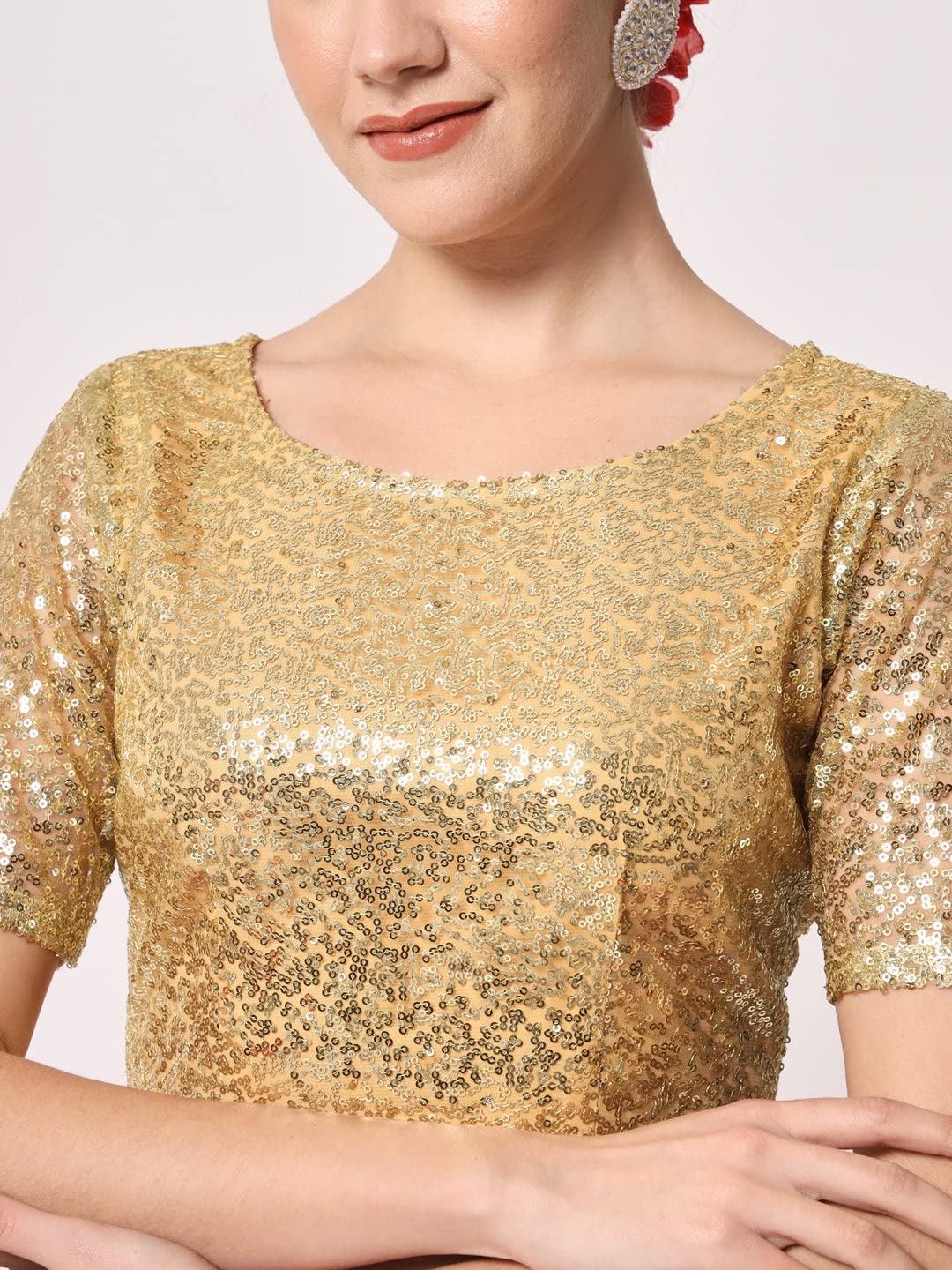 studio rasa Polyester Women's Net Sequin Embroidered Sheer Sleeves Blouse for Wedding Festive Party (Tpwc12302S_Bl_Gold_Small)