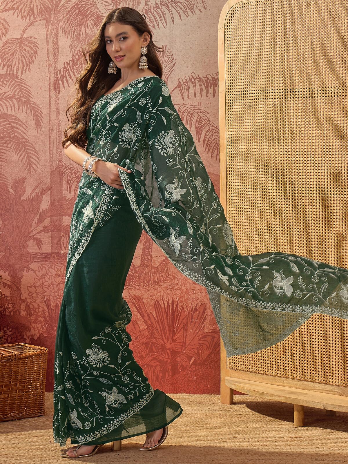 SIRIL Women's Shimmer Chiffon Scalloped Border Embroidery Saree with Unstitched Blouse Piece (5312S202_Dark Green)