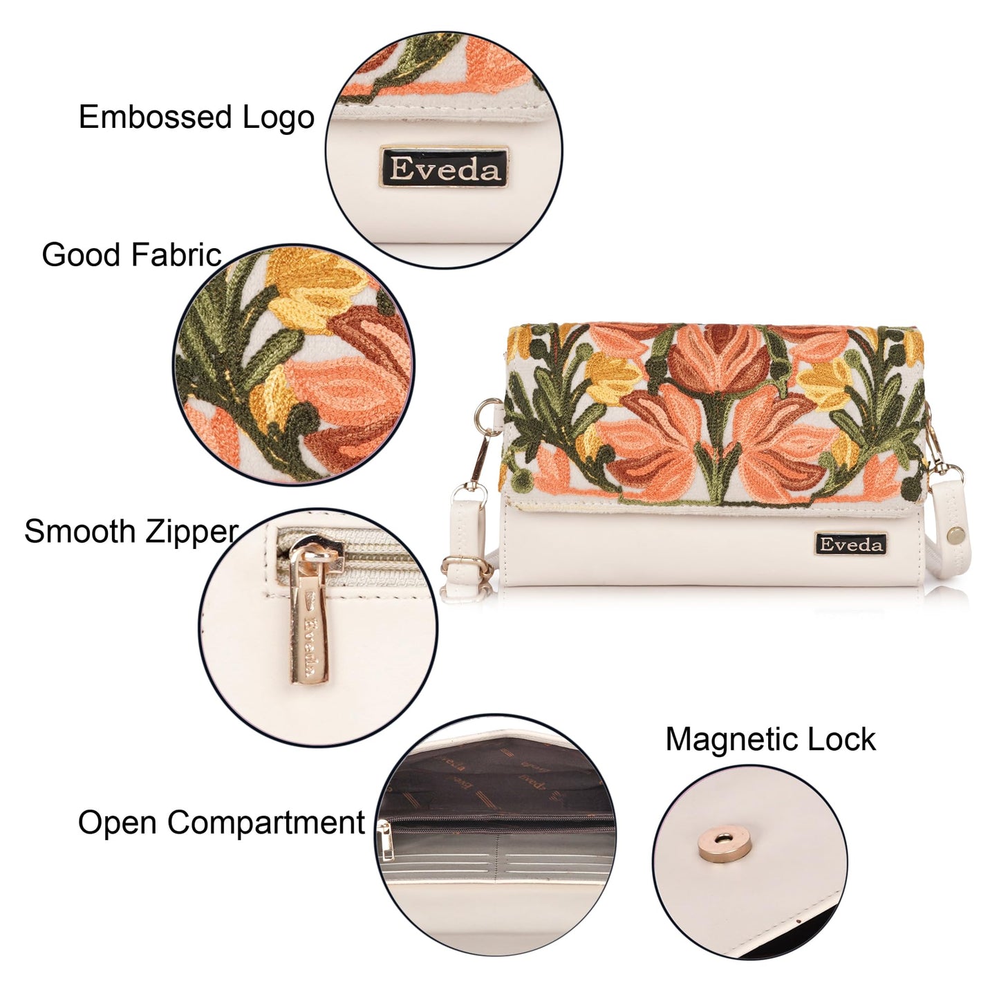 VELUCIA Embroidered Floral Clutch Purse, Gold Design, Ladies Wallet (Beige)