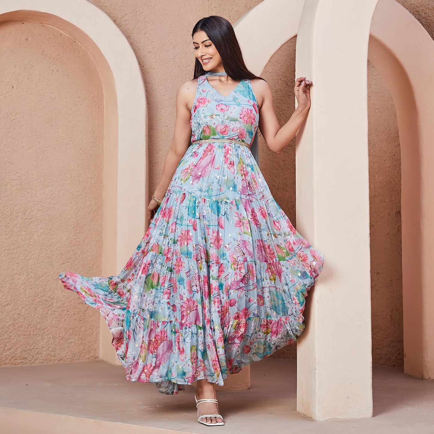 BIBA Women Cotton Anarkali Printed Dress(SKD9665_2XL_Grey)