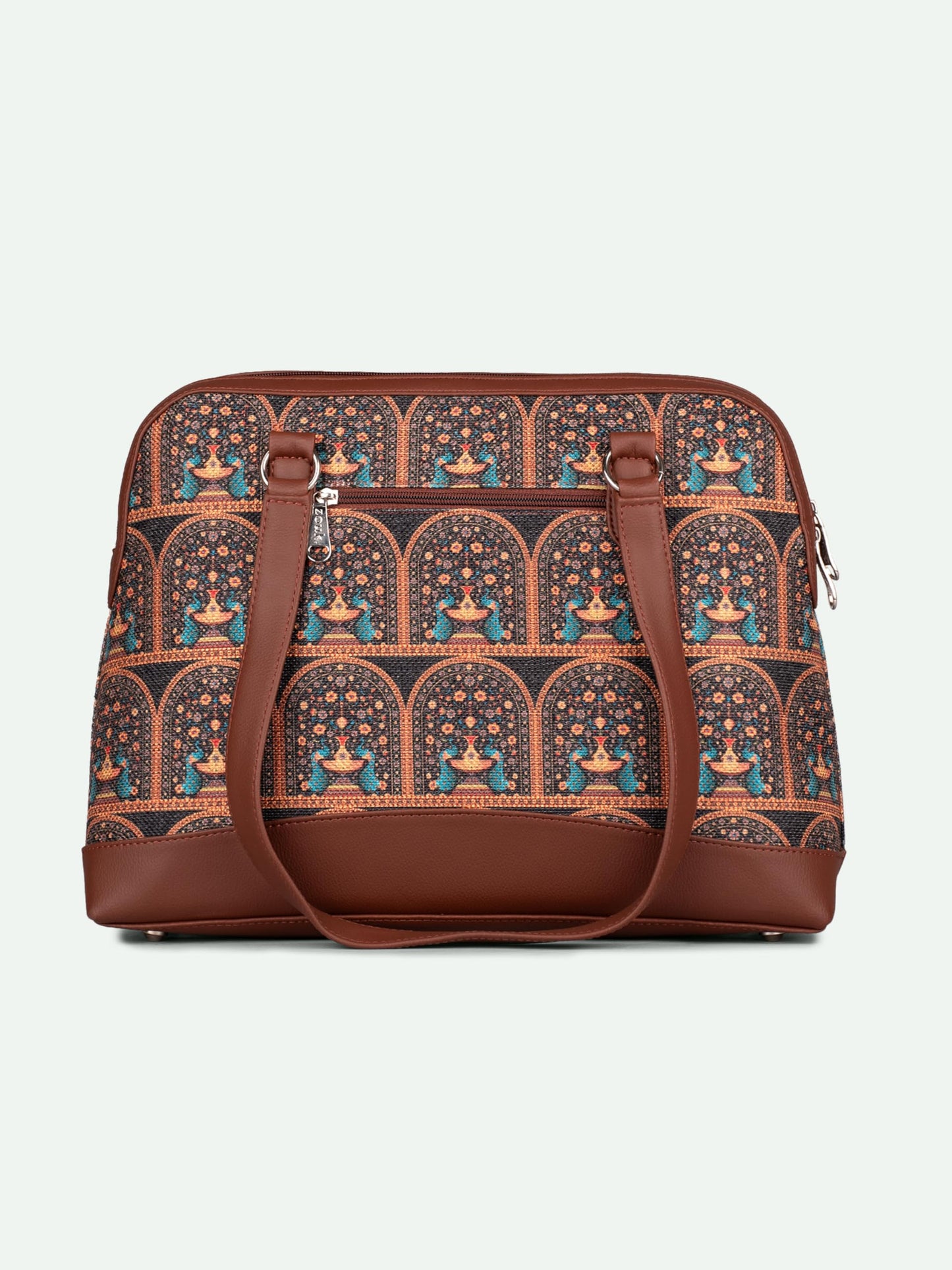 ZOUK Royal Indian Peacock Motif Carry All Work Bag | Jute | Vegan Leather Handcrafted Shoulder Bag for Women's & Girls | Teal