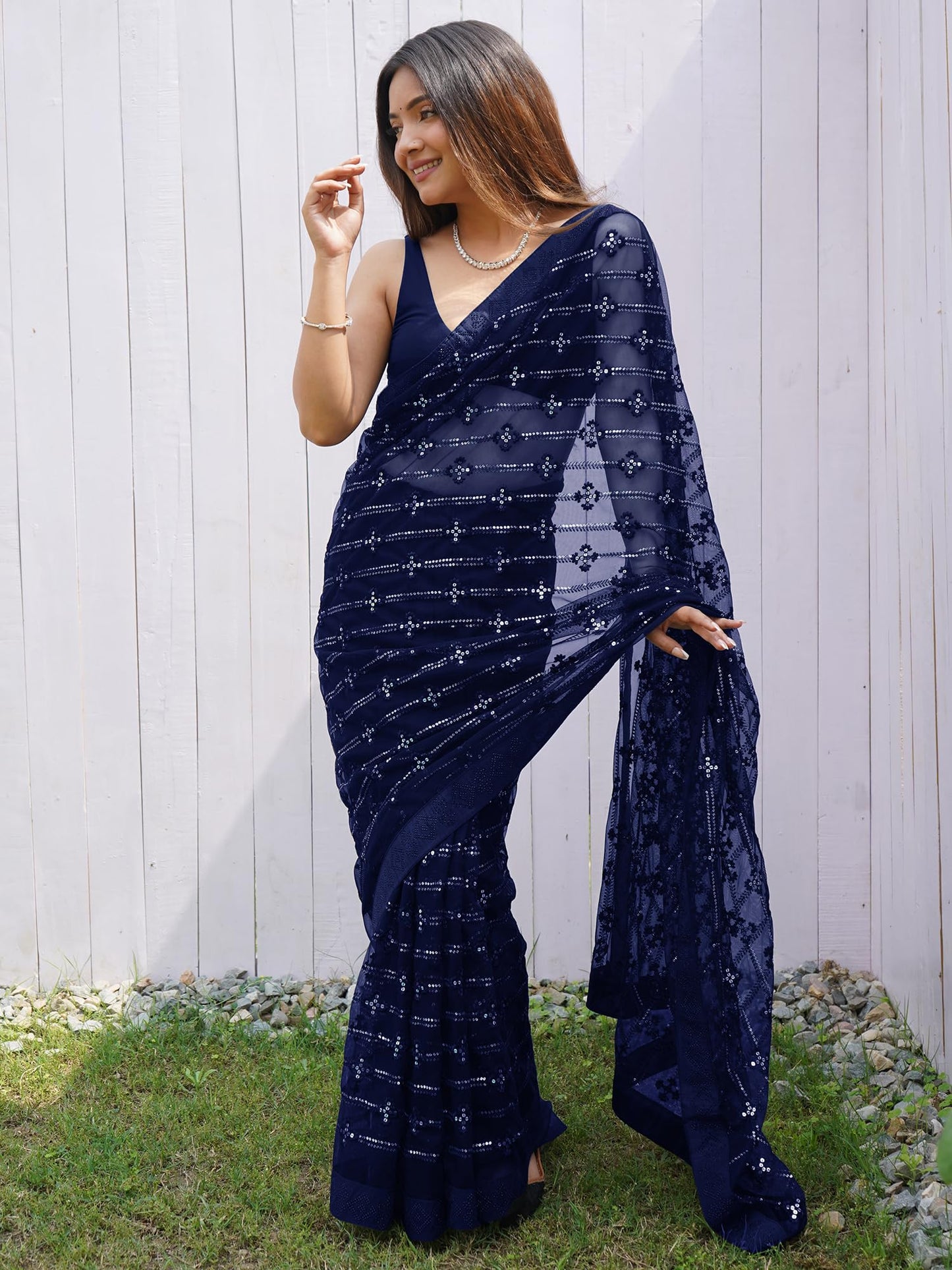 AKHILAM Women's Net Navy Blue Embellished Designer Saree With Blouse Piece (AAVYA603B_HV)