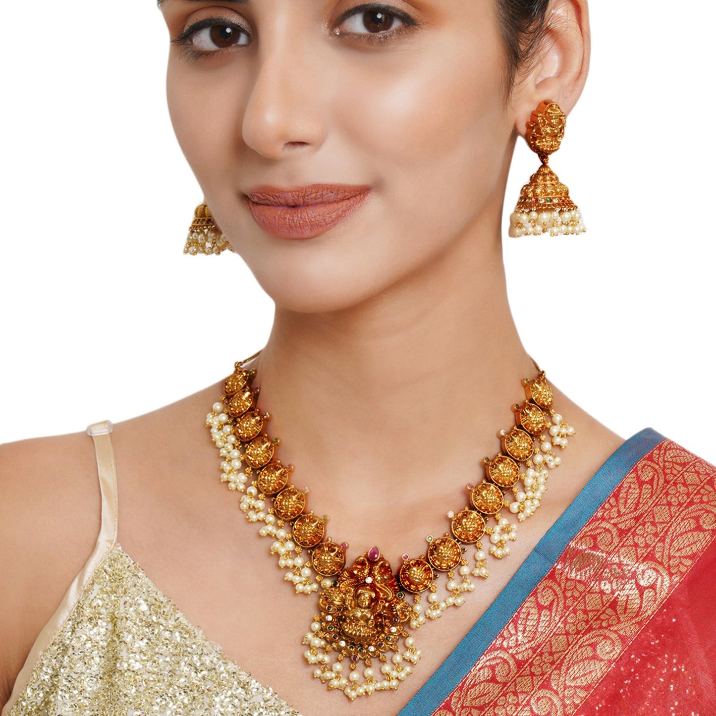 VOYLLA Gold Opulence Gold Plated Goddess Lakshmi Motifs Faux Pearls Lavish Jewellery Set For Women|Womens Jewellery Set|Gift For Women|Womens Gift|Gift For Her|