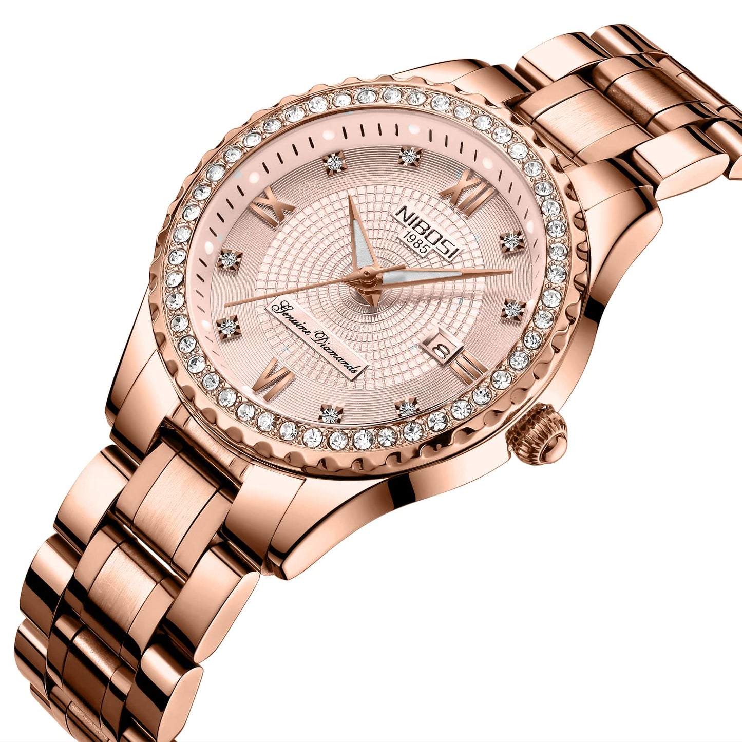 NIBOSI Women Watches Analogue Stainless Steel Wrist Watches Watches for Women's & Girls&Miss&Ladies Rose Gold Dial Gold Band Watch with Stylish Diamond Studded Watches