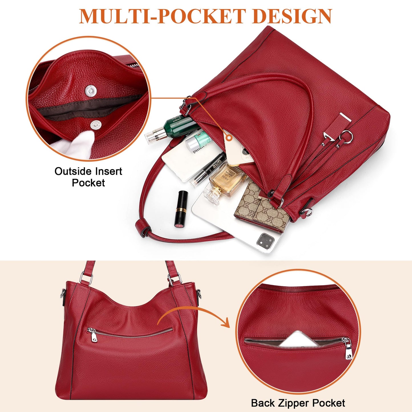 Soft Leather Handbags for Women Shoulder Hobo Bag Large Tote Crossbody Bag By OVER EARTH (O103E Red Wine)