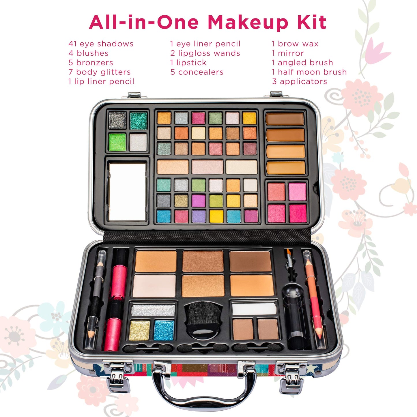 Vokai Makeup Kit Gift Set - 41 Eye Shadows, 7 Body Glitters, 1 Lip Liner Pencil, 1 Lipsticks, 4 Blushs, Eye liner pencil, 5 Concealers, 2 Lip Gloss, 5 Bronzers, Mirror
