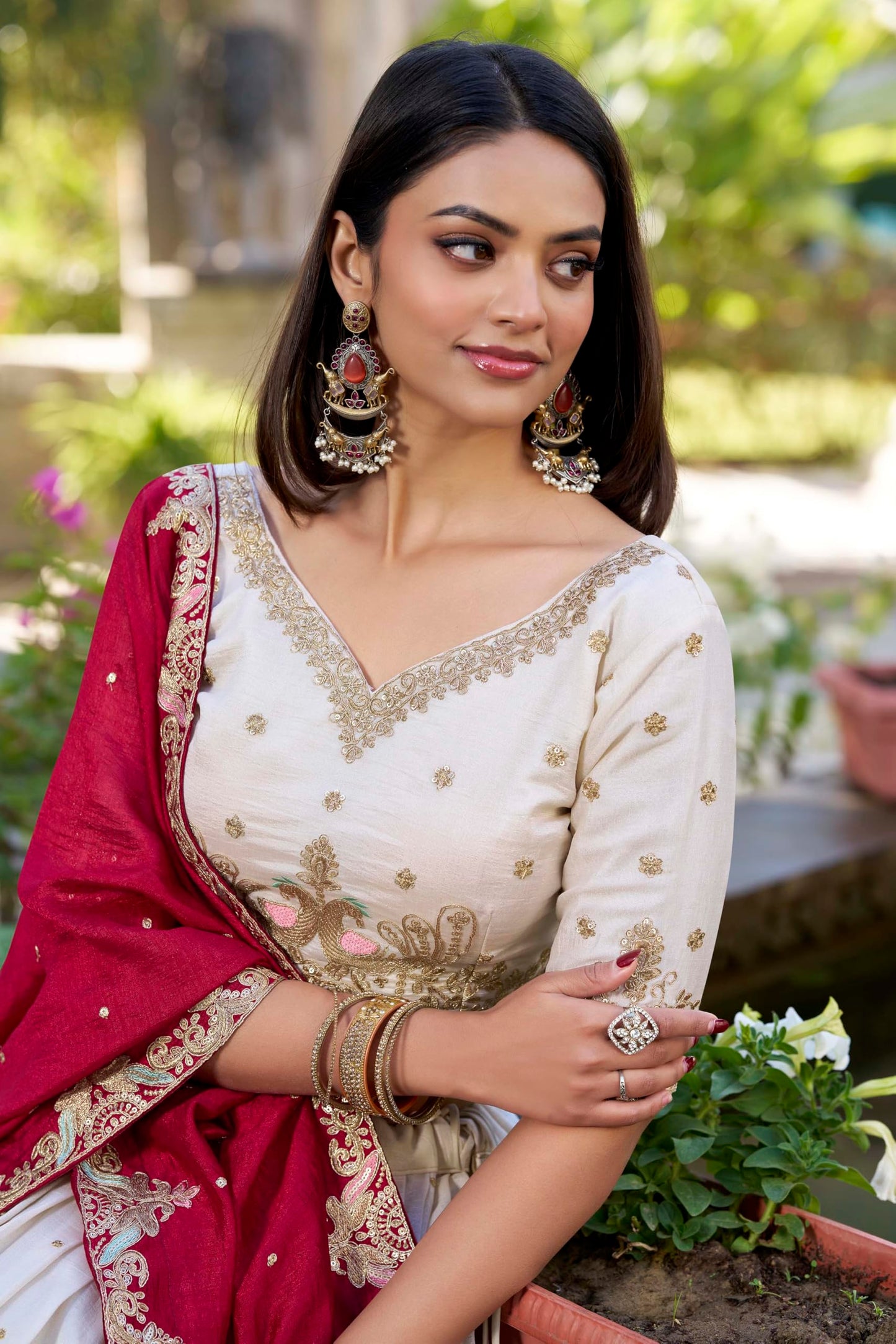 JIHU CULTURE Off-White Vichitra Silk Fabric Thread Embroidery Work Semi Stitched Lehenga Choli With Dupatta Set For Women, 44