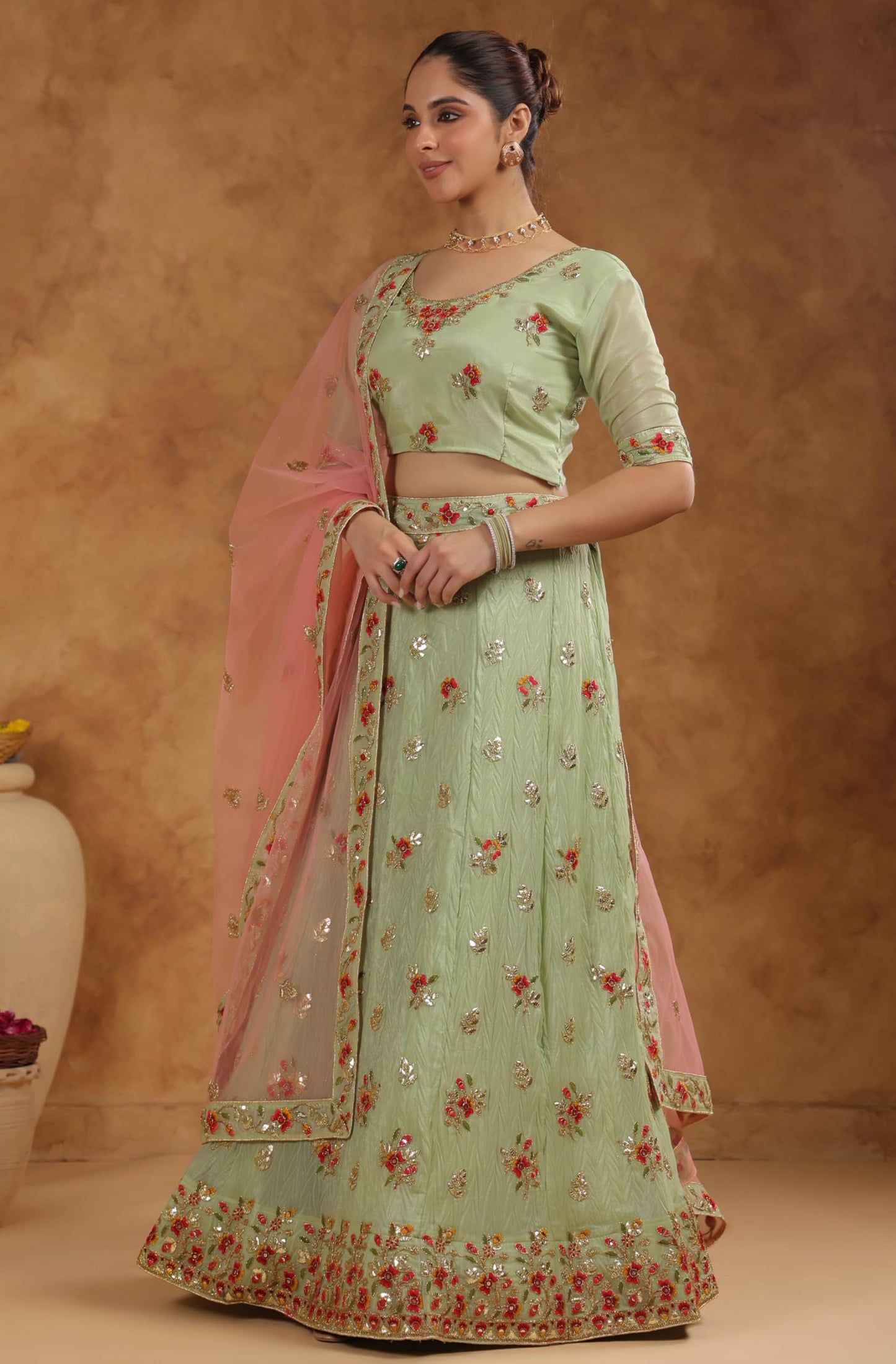 Janasya Women's Pista Green Zari Art Silk Embroidered Semi-Stitched Lehenga Choli with Dupatta Set (JAB24LC01931)