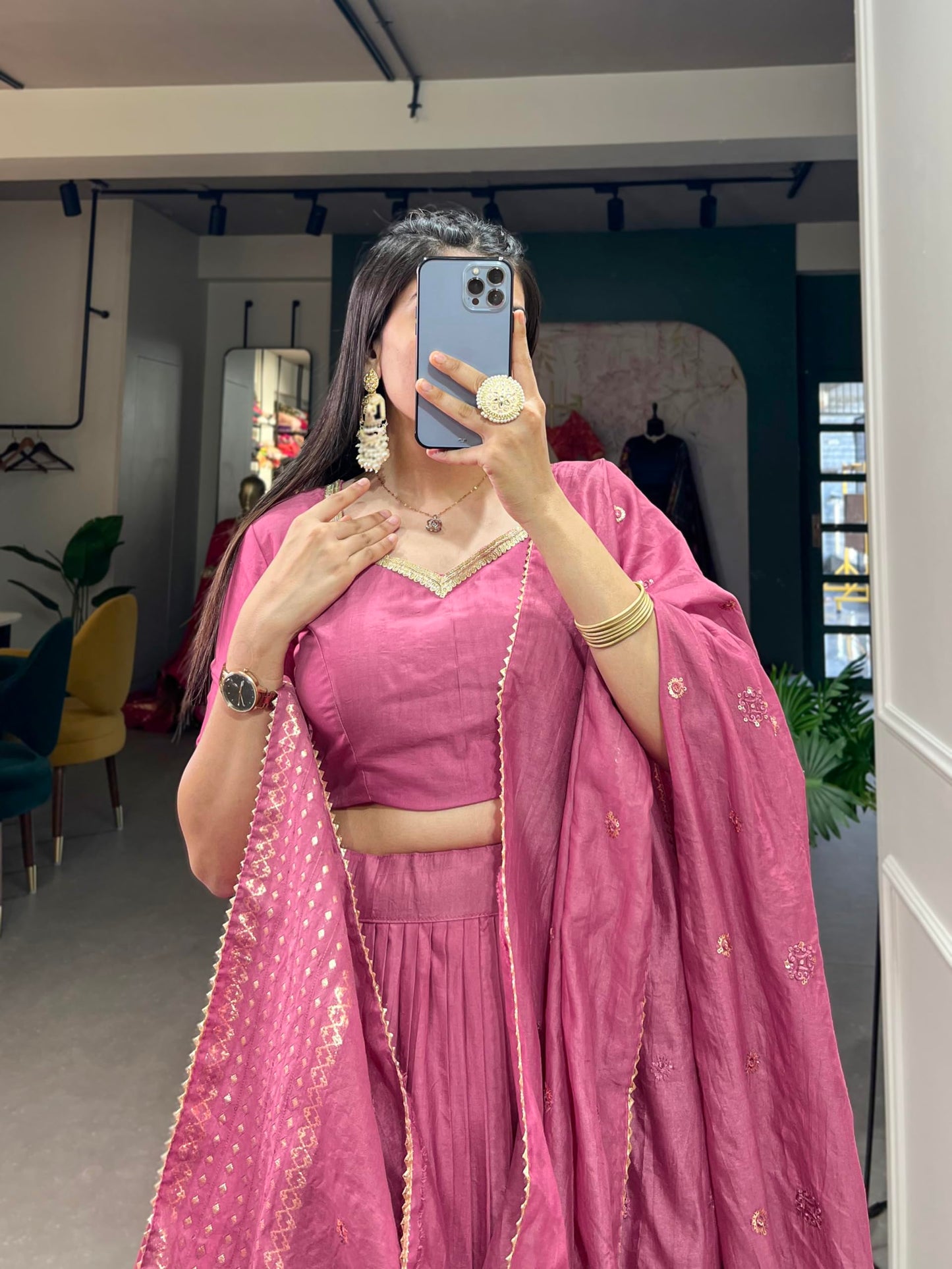 LooknBook Art Women's Plain Chanderi With Zari Weaving Work Border Lehenga Choli (Pink)