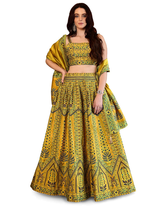 PURVAJA Women's Kanjivaram Semi-Stitched Lehenga Choli (Sirat-Lime_Lime_Free Size)