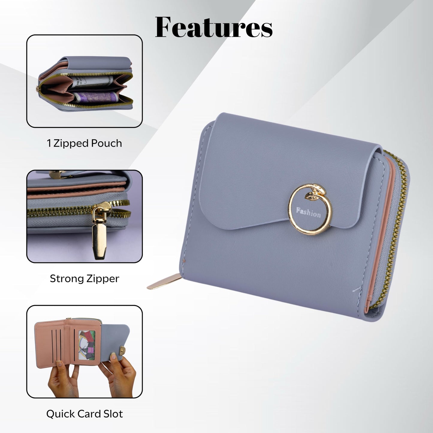 PRANIJ Small Leather Bifold Wallet for Women Fashion Compact Slim Credit Card Holder with Zipper Coin Pocket, Mini Clutch Purse for Girls (Pale Blue)