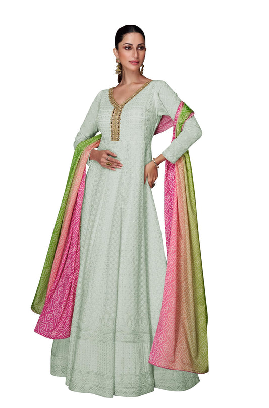 RUDRAPRAYAG Women's Georgette Long Sleeve V-Neck Maxi Anarkali Gown I Semi Stitched Womens Ethnic Wear