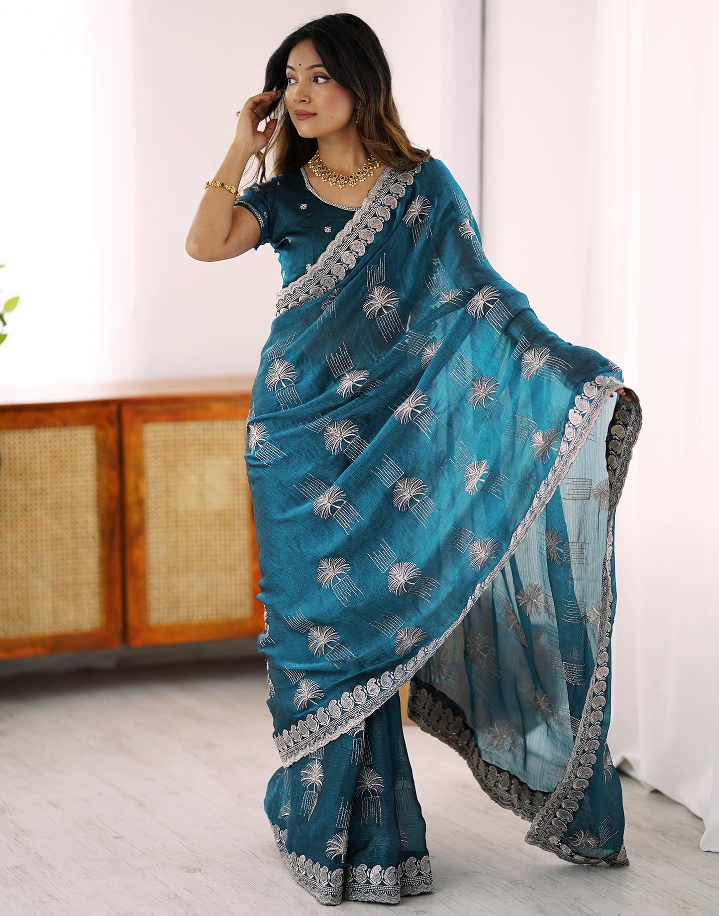 SIRIL Women's Simmer Chiffon Embroidery Saree With Unstitched Blouse Piece (4488S232_Teal Blue)