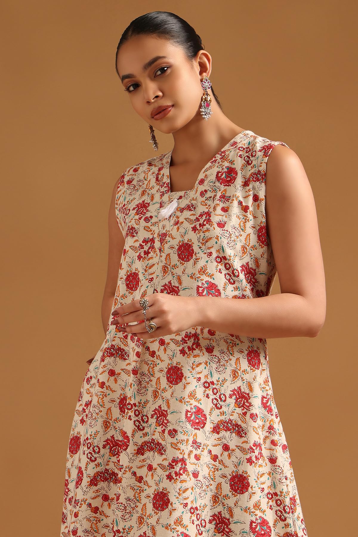 Soch Womens Red Cotton Flex Botanical Dress with Tassels