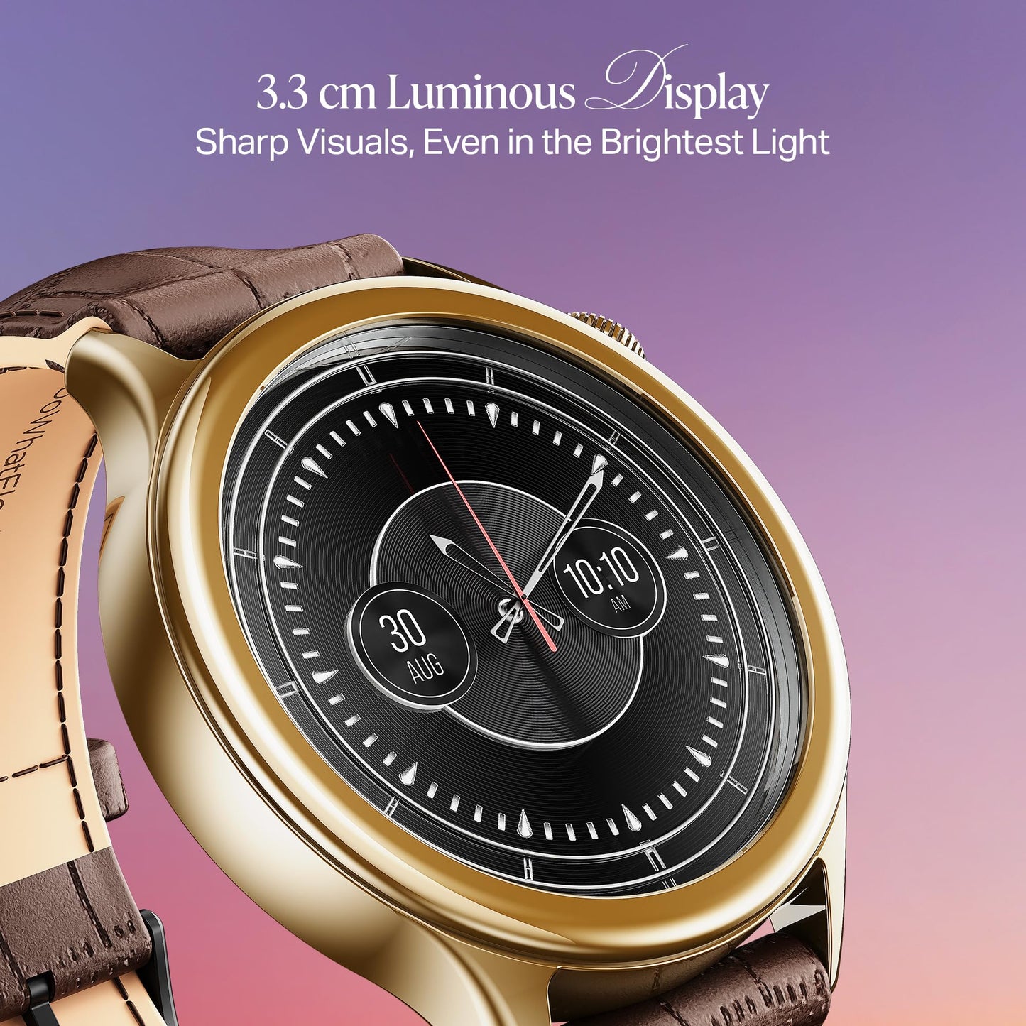 Boat Enigma Daze Women's Luxury Smart Watch w/ 1.3”(3.3cm) AuraVue Display w/ 20% Higher Brightness, Emergency SOS, Female Wellness Tracking, BT Calling, smart Watch for Women Latest (Brown Leather)