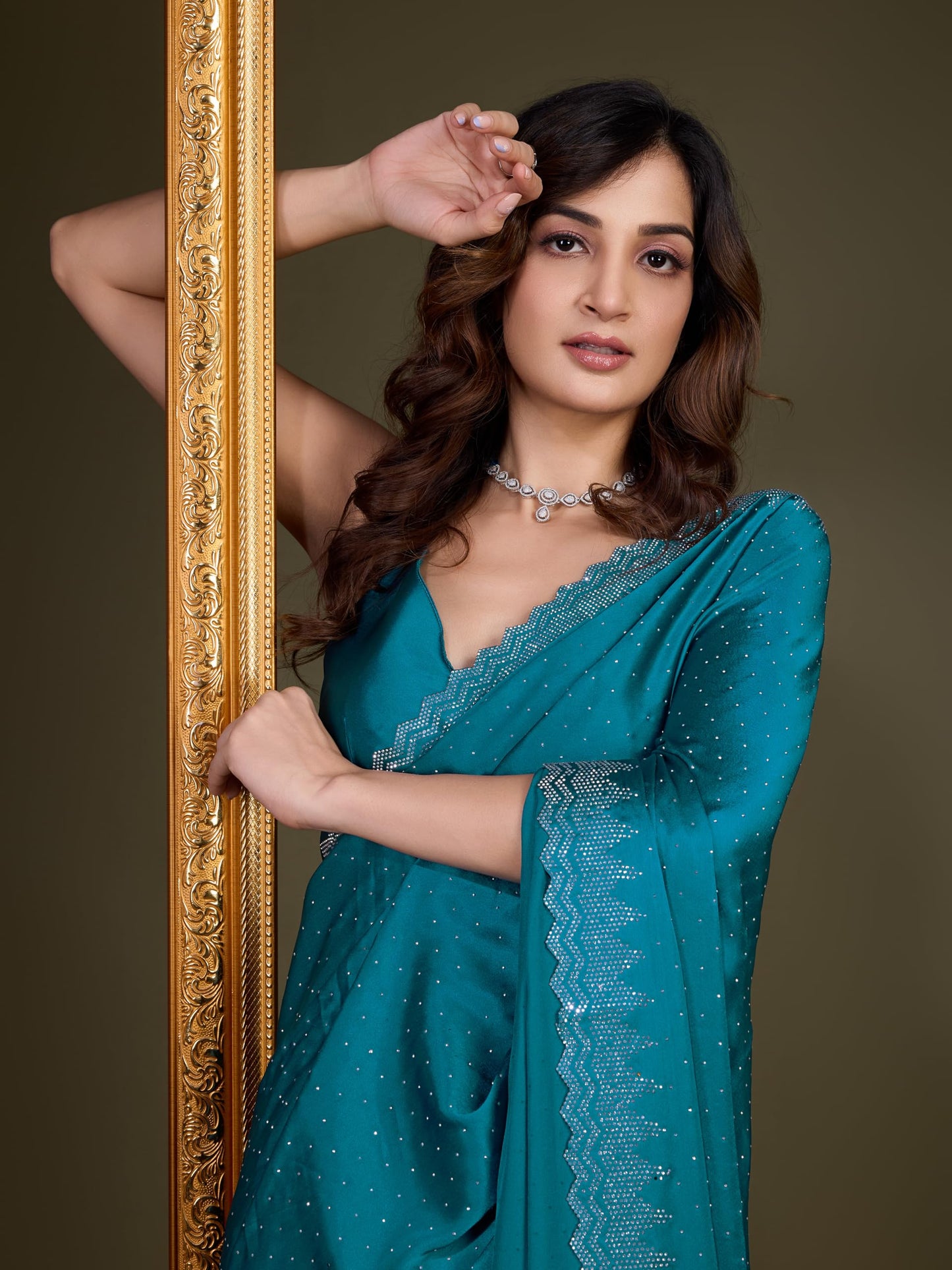 TRENDMALLS Women's Satin Silk Siroski Work Saree with Unstitch Blouse Piece (K1109-Morpeach)
