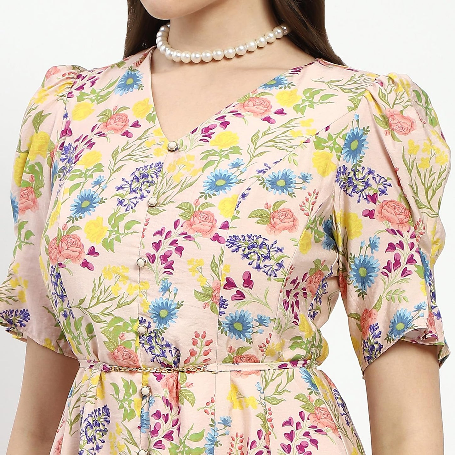 Madame Bridgerton Floral Print Waist Tie Rayon Midi Dress Off White