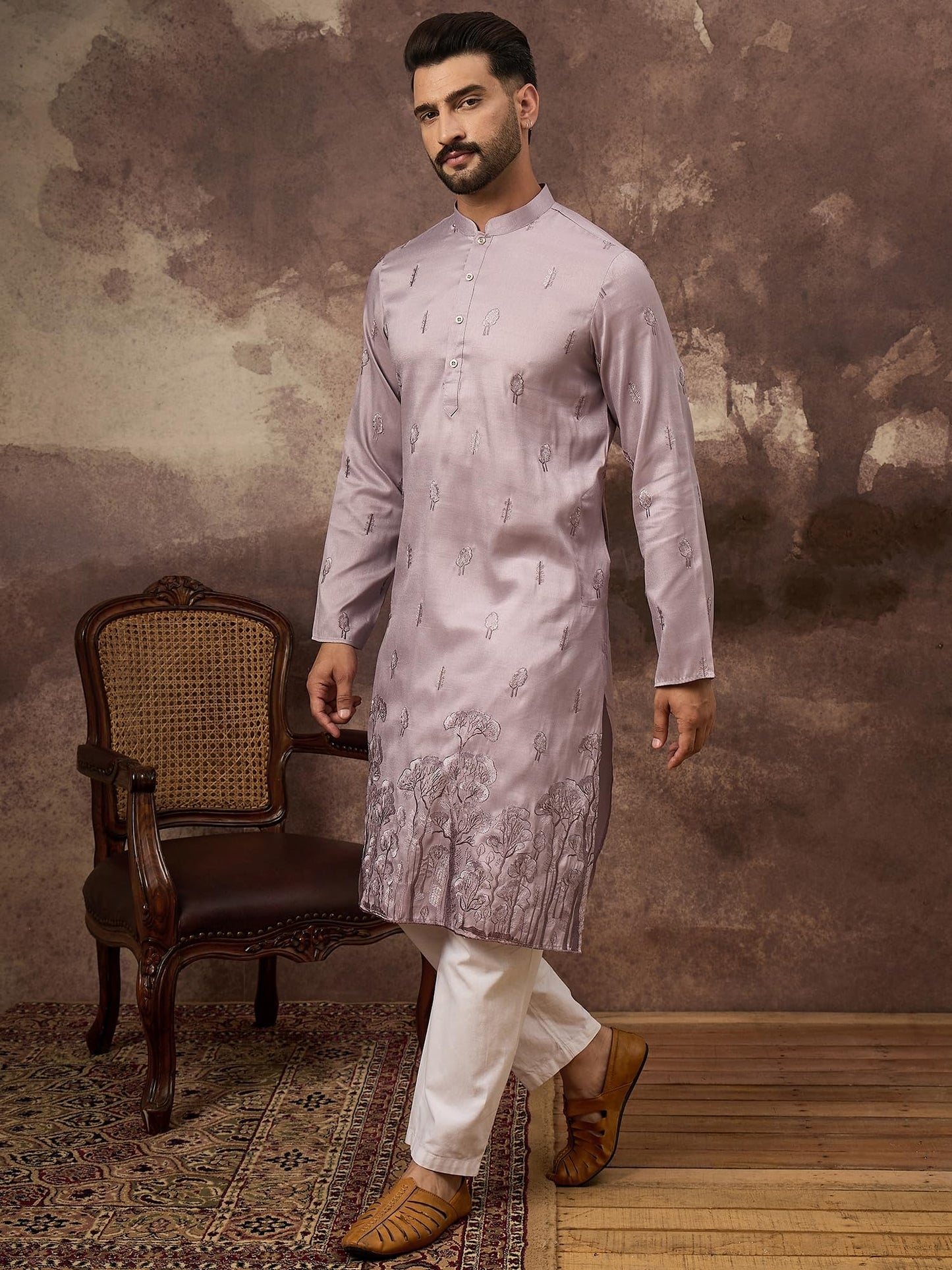 Ethnic Bay Men's Lavender Silk Blend Solid Embroidered Calf Length Kurta's | Embroidered Kurta for Men | Straight Fit Kurtas for Mens (MKU1333, S)
