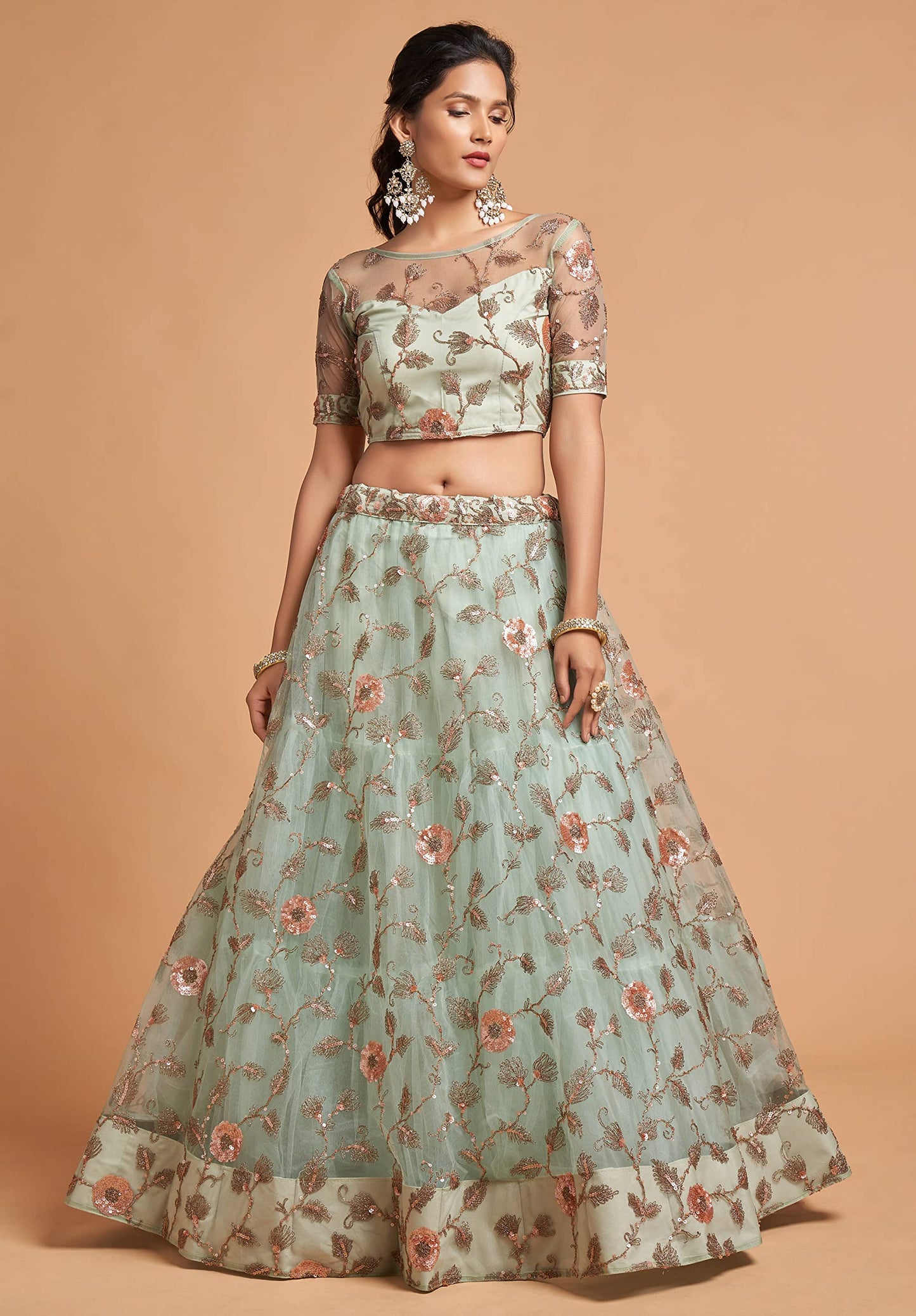 Divine International Trading Co Women's Net Embroidered Semi-Stitched Lehenga Choli with Dupatta (7314-SkyBlue-Wedding-Girlish-Latest-Lehenga; Free Size)