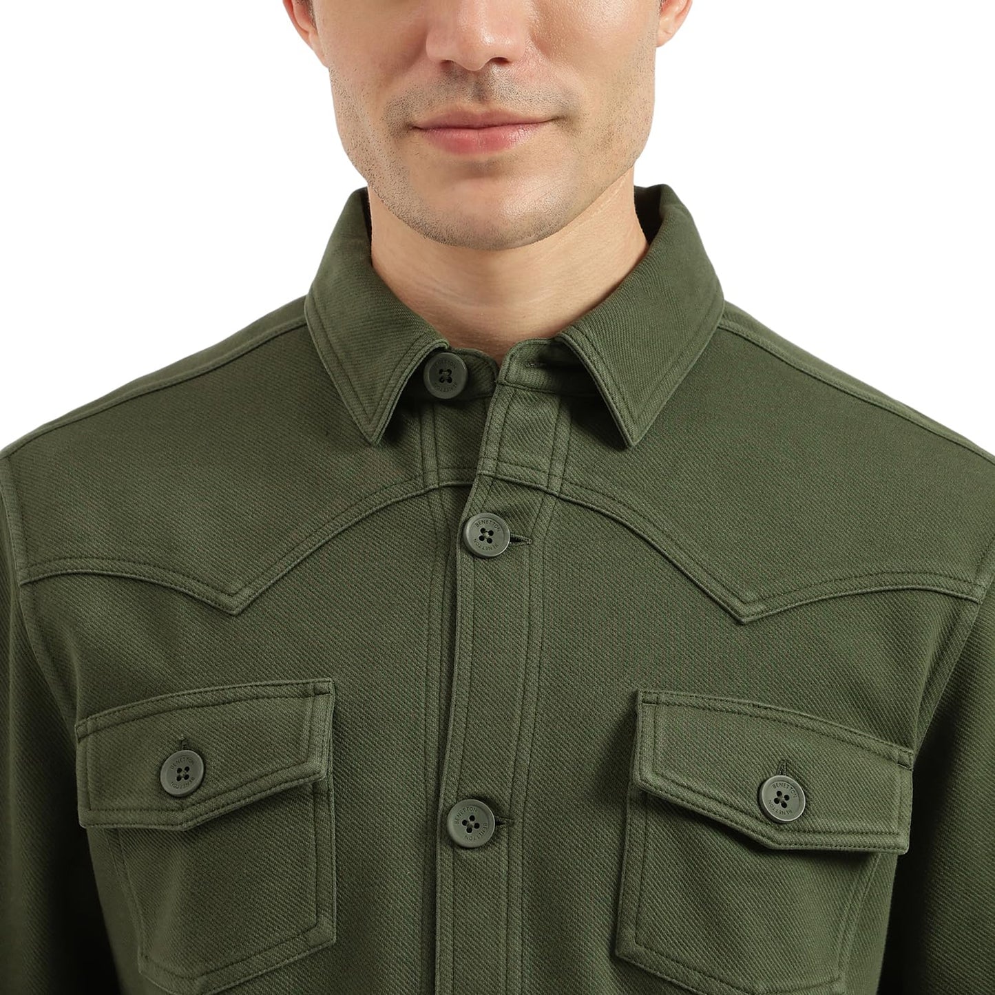 United Colors of Benetton Regular Fit Spread Collar Solid Twill Knit Washed Jacket