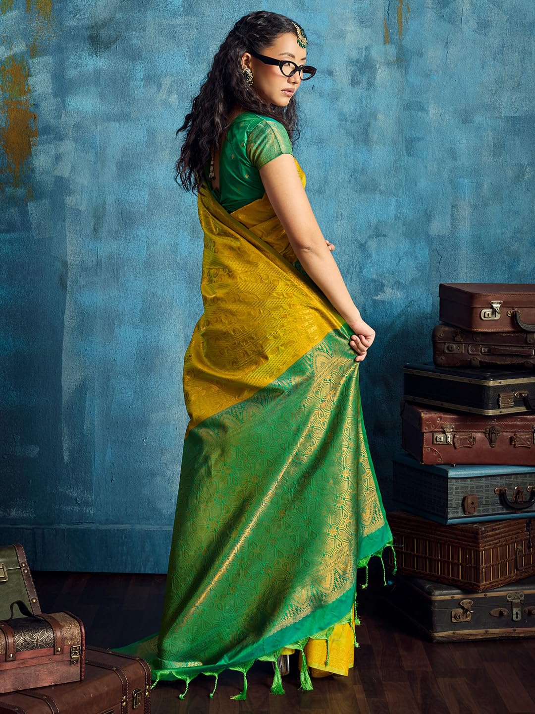 AKHILAM Women's Lemon Yellow Pure Silk Ethnic Motif Print Tassels and Latkans Saree With Unstitched Blouse Piece | saree for woman | Designer Saree for Women