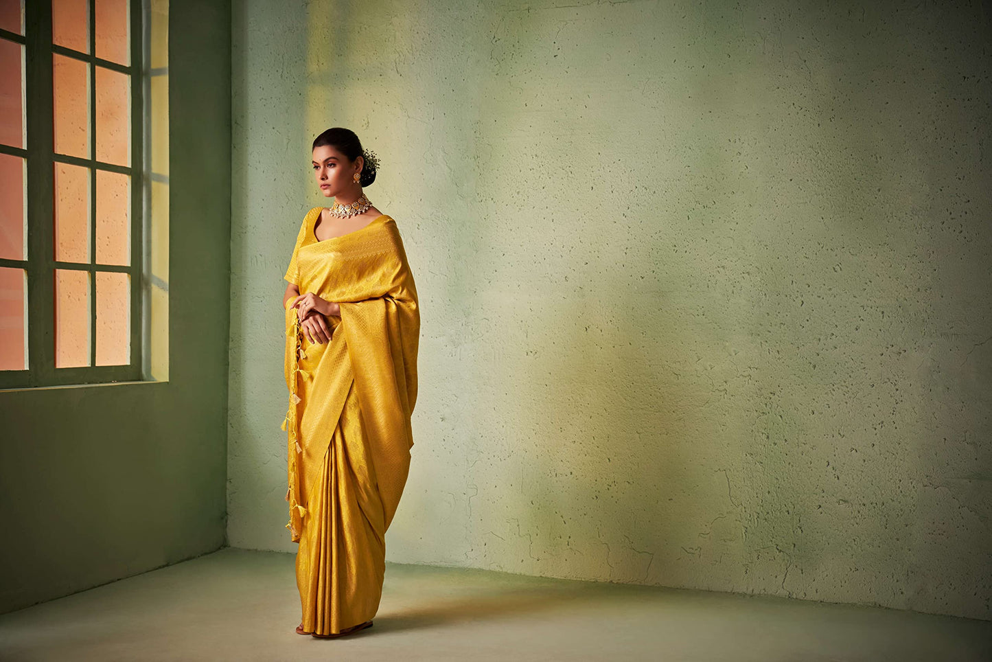 Vardha Women's Kanjivaram Art Silk Saree, Zari Woven, Gold, Unstitched Blouse - Yellow Sari Asya Vol.5, 565