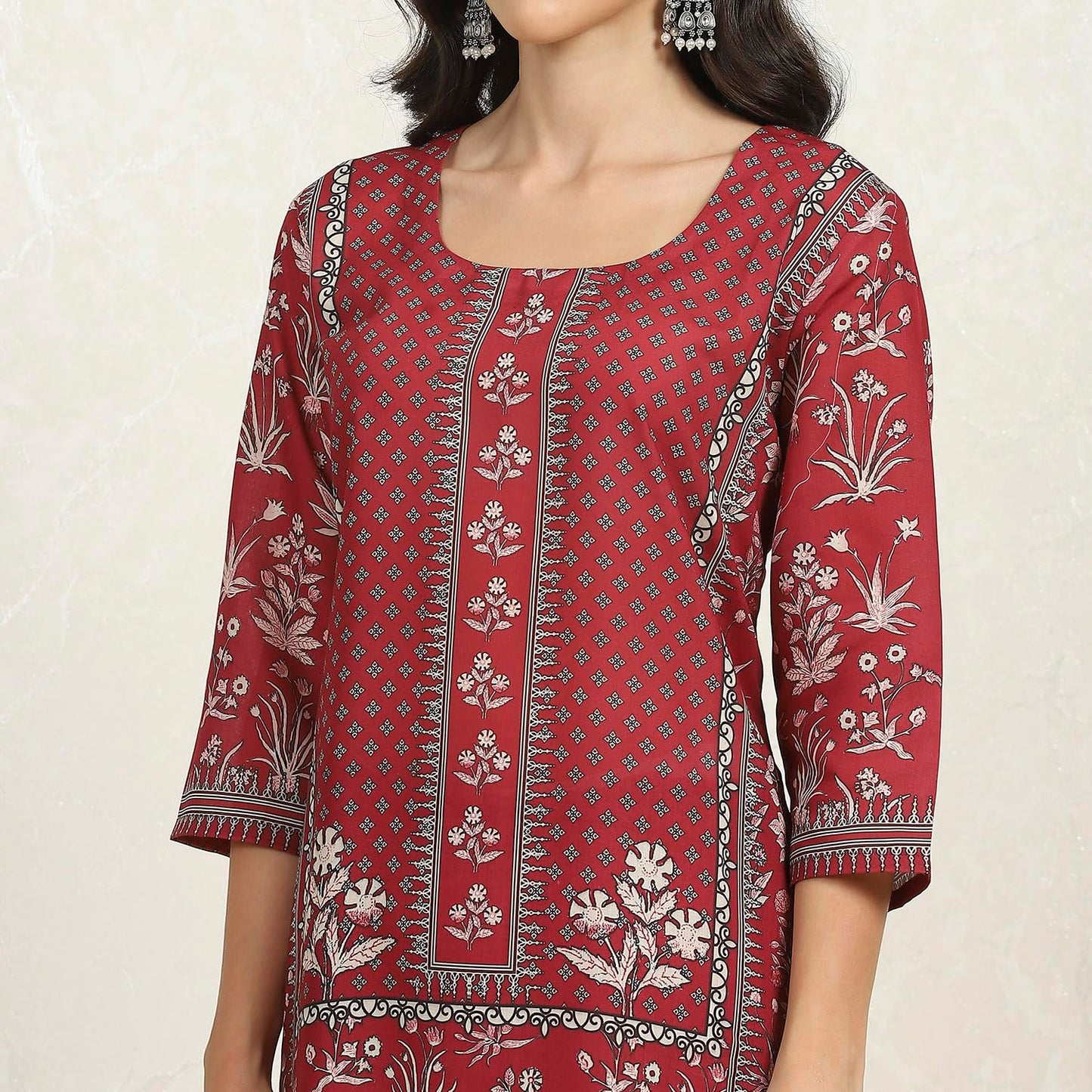 Biba Women Green-Maroon Cotton Unstitched Suit Set_Free Size