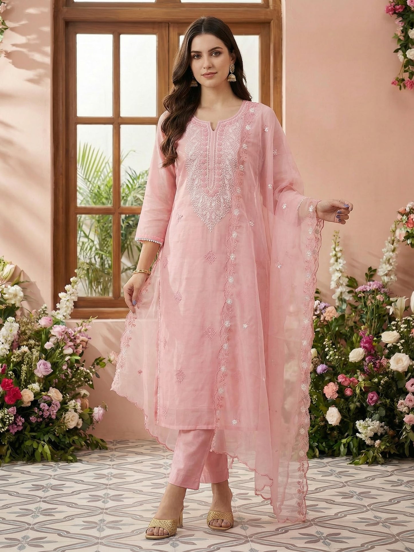 INDO ERA Women's Silk Blend Embroidered Ethnic Motifs Round Neck Straight Calf Length Kurta Pant with Dupatta (Pink_BB9KH371_Large)