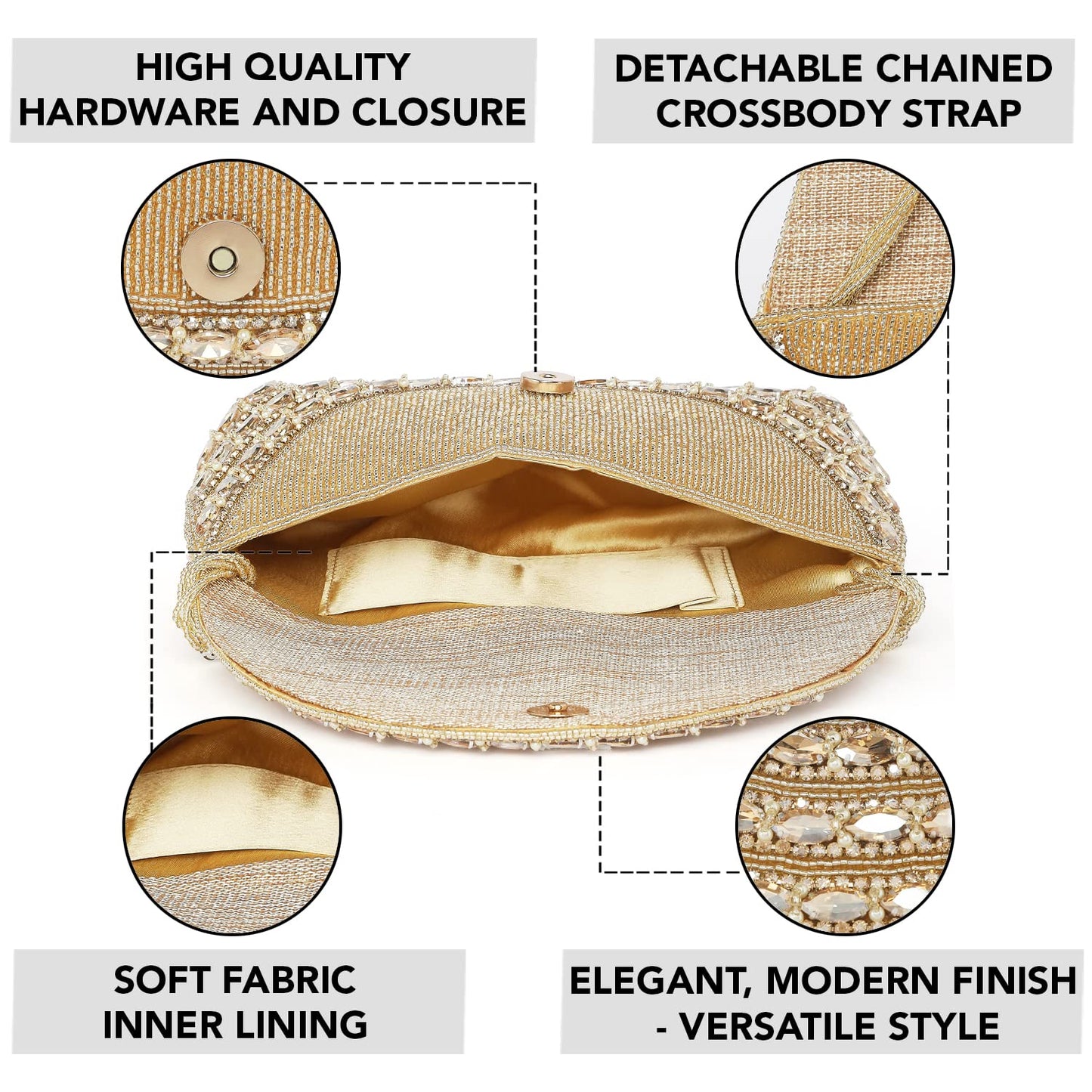 Peora Gold Clutch Purses for Women Wedding Handmade Evening Handbags Party Bridal Clutch (C95G)