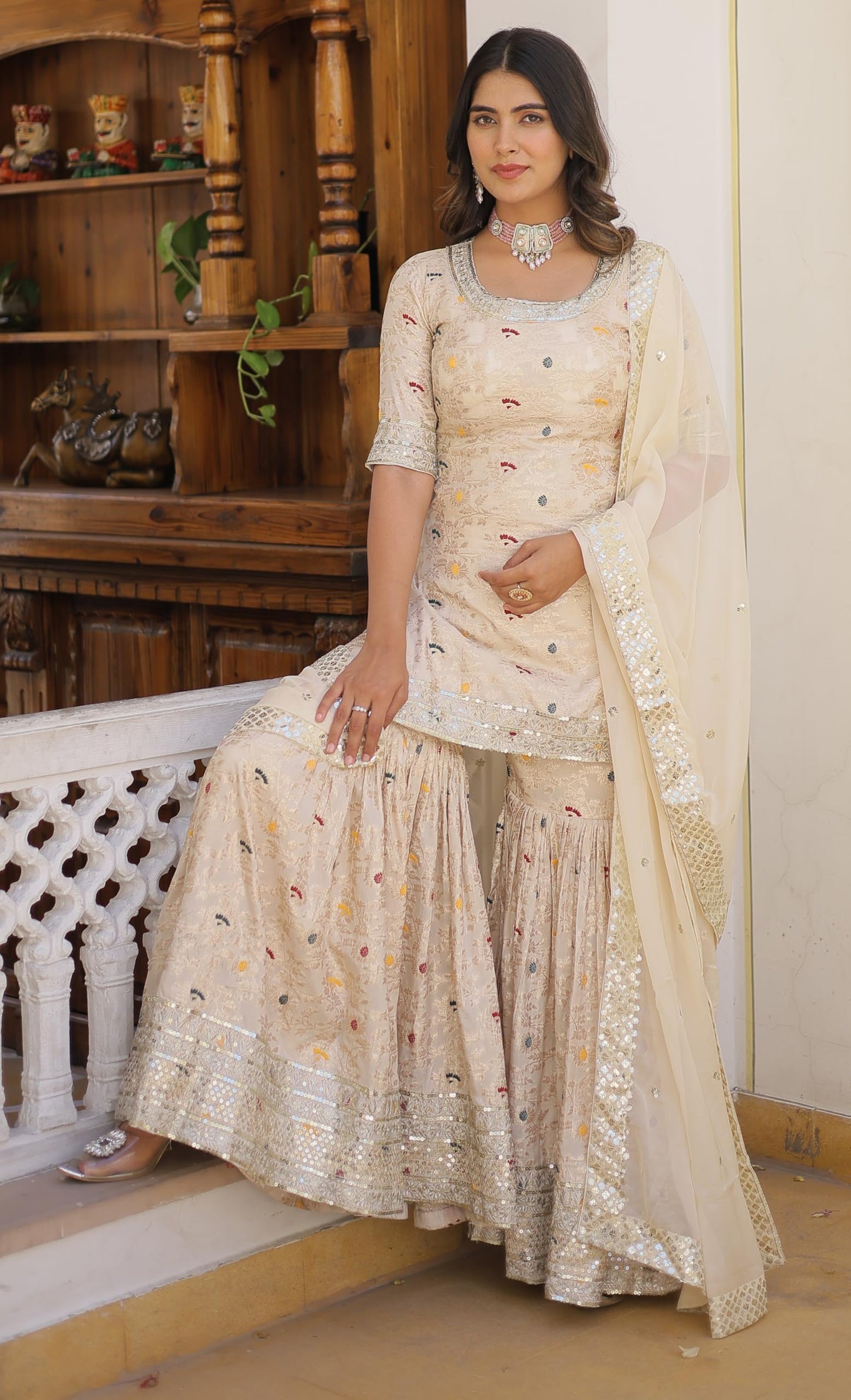 Fashion Basket Women's White Georgette Anarkali Kurta Set with Duptta for Women (White, XXL)