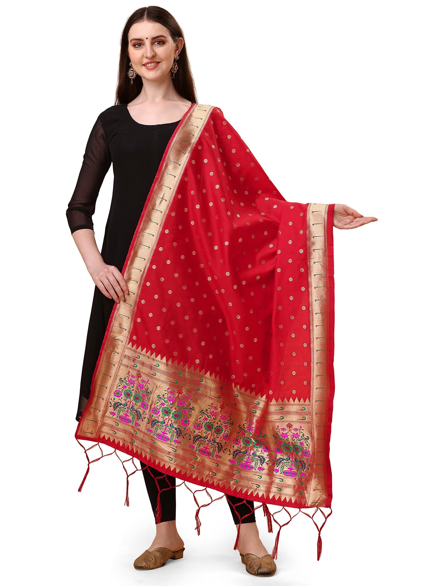 DEVANGI Women's Woven Paithani Banarasi Silk Dupatta/Chunni For Women, Animal Print 1 Meter Wide and 2.3 Meter Length Printed Designer Dupatta/Chunni For Girls (Red)