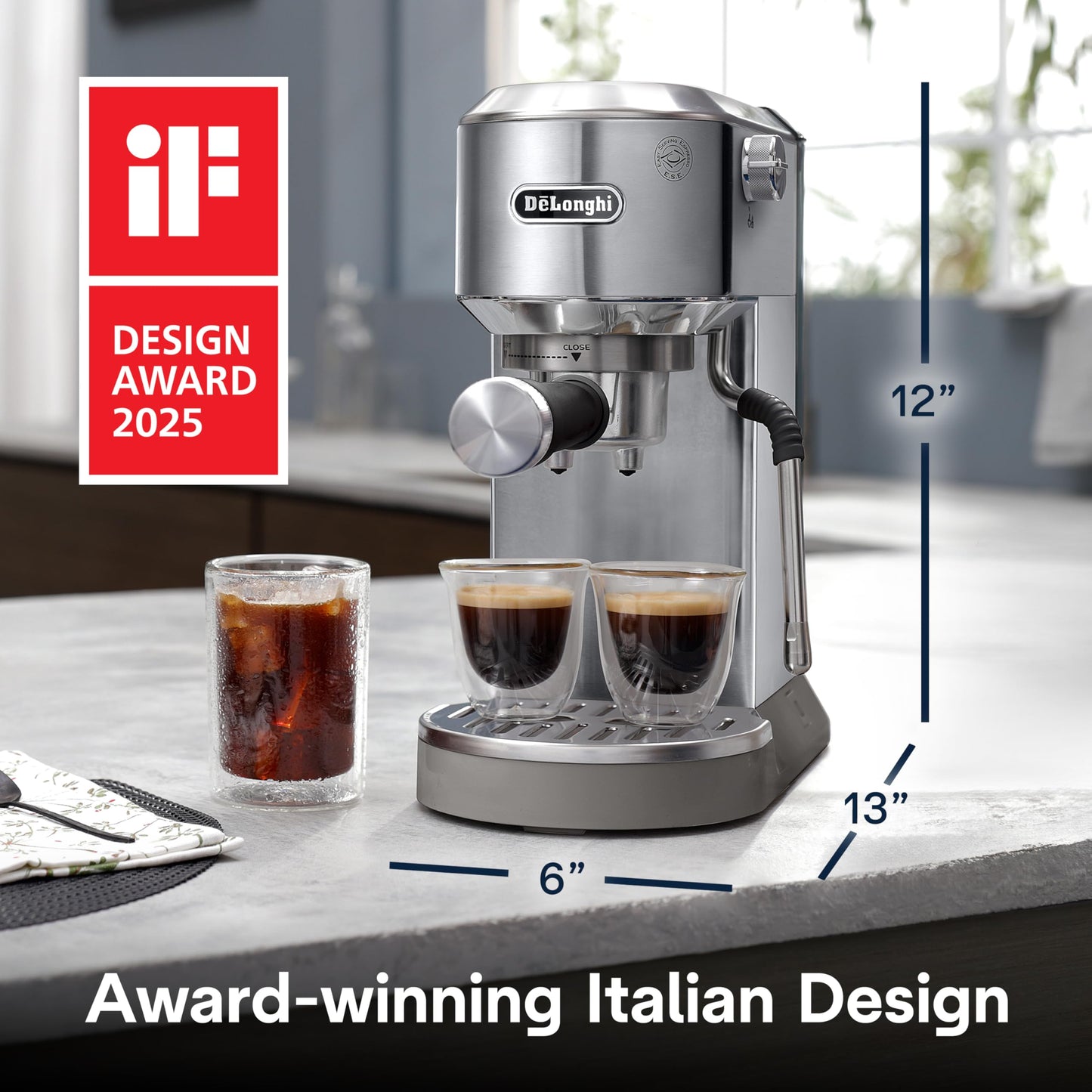 DeLonghi Dedica EC890 Compact Espresso machine - Stainless Steel Coffee Maker with Milk Frother Steam Wand- for Espresso, Cold brew, Hot and Iced Coffee, Cappuccinos, Latte and more (Metal)