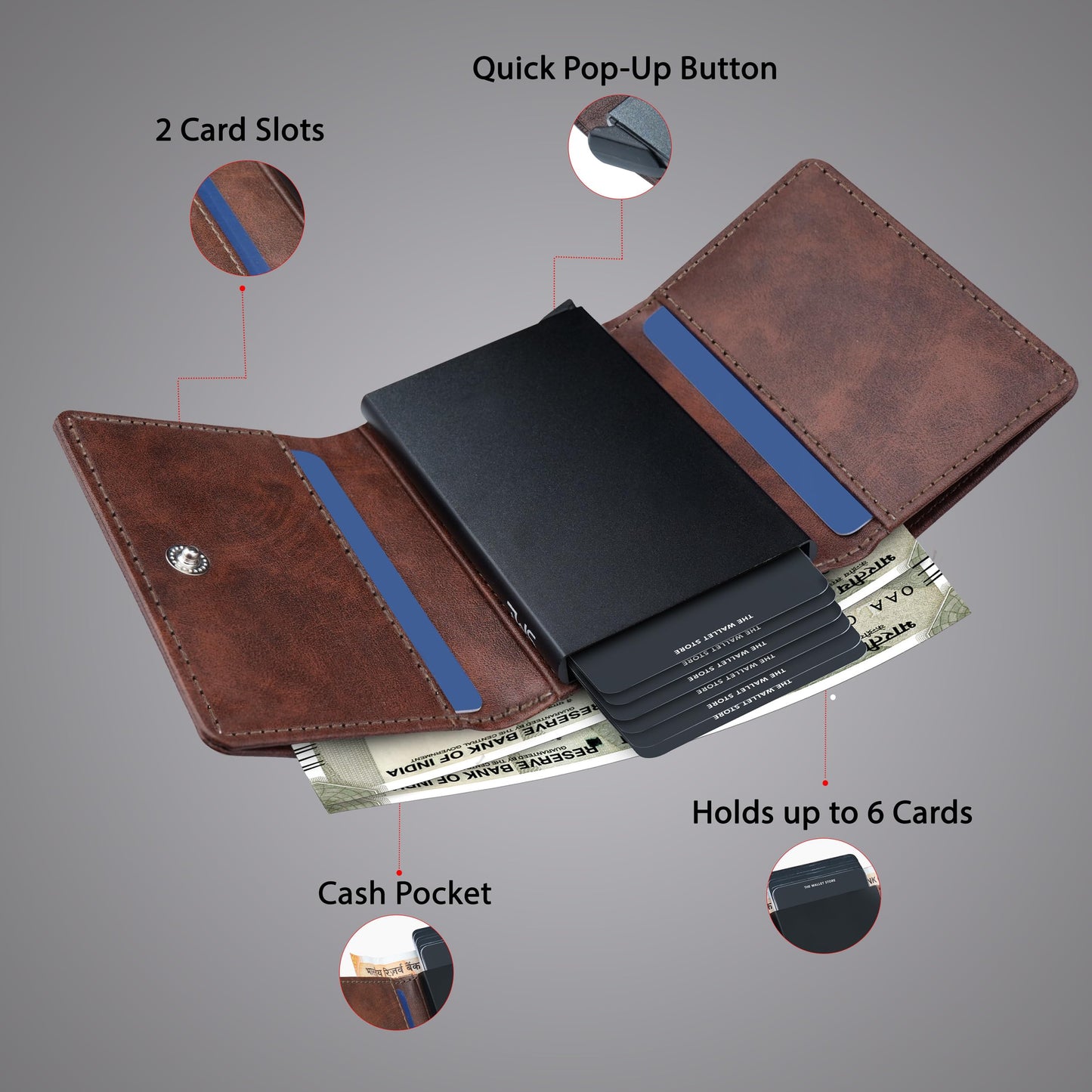 The Wallet Store Maverick RFID Protected Minimalist Wallet, Pop-Up Cardholder, Scan-Proof Aluminium Case, Holds 8 Credit/Debit Cards, Slim Men’s Wallet (Brown-D)