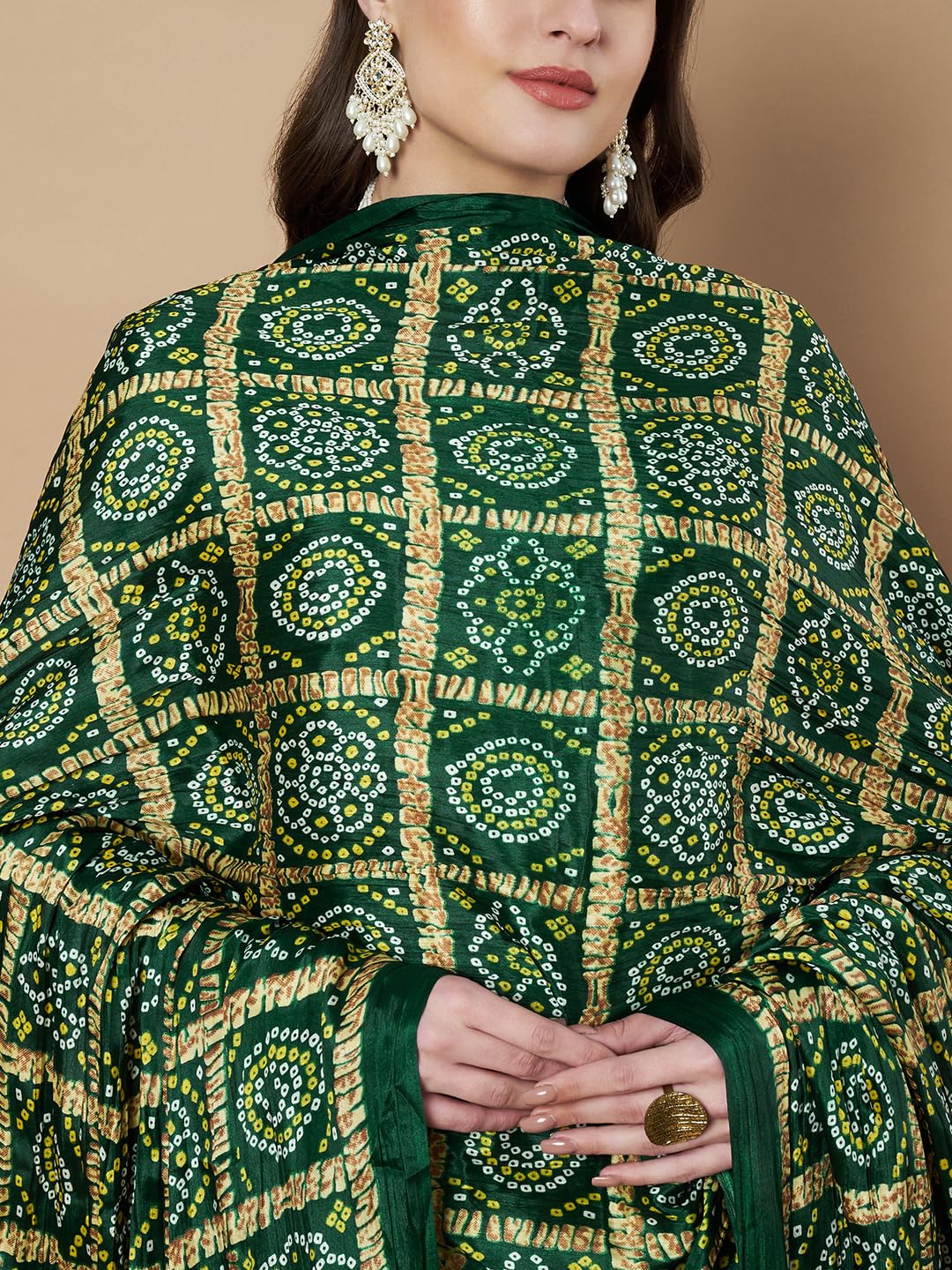 AKSHADEEP Women's Bandhani & Patola Printed Dupatta - Traditional Art Silk Dupattas Chunnis (Green), 2.20 Meters