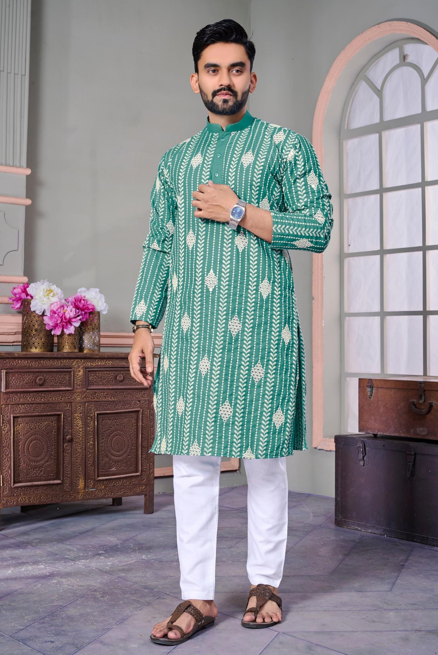 LAZZLY Sequin Embroidered Pure Cotton Kurta for Men | Knee Length | Festival | Ethnic Wear | Mirror Kurta | (in, Alpha, M, Regular, Pee_Rama)