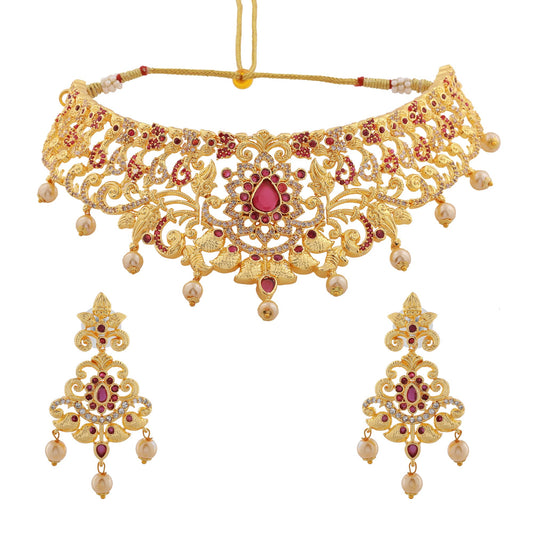 Estele Gold Plated CZ Magnificent Bridal Choker Necklace Set With Pearls for Women