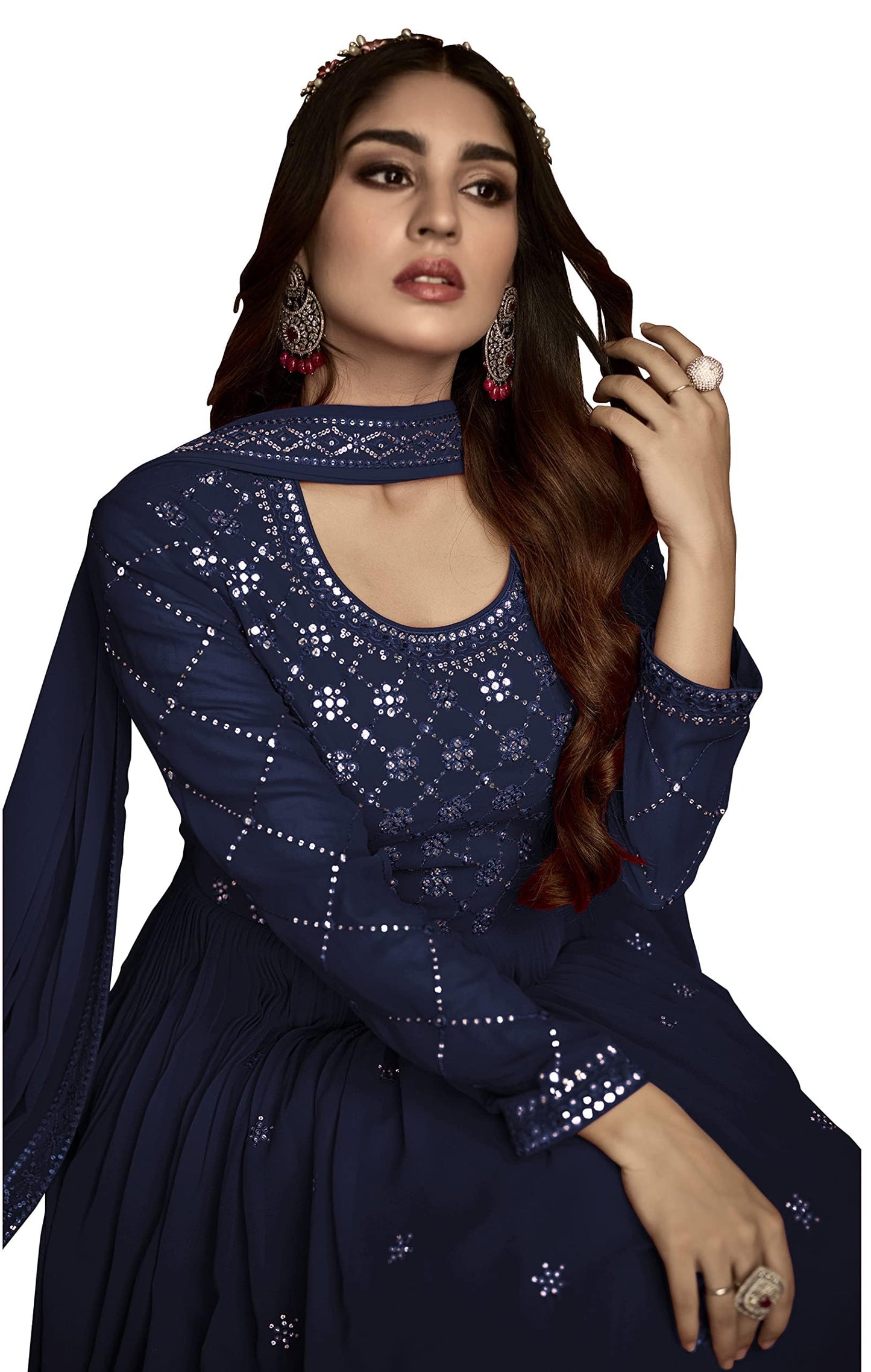 RUDRAPRAYAG Georgette Embroidered Free Size Maxi Anarkali Gown for Women (Navy Blue)