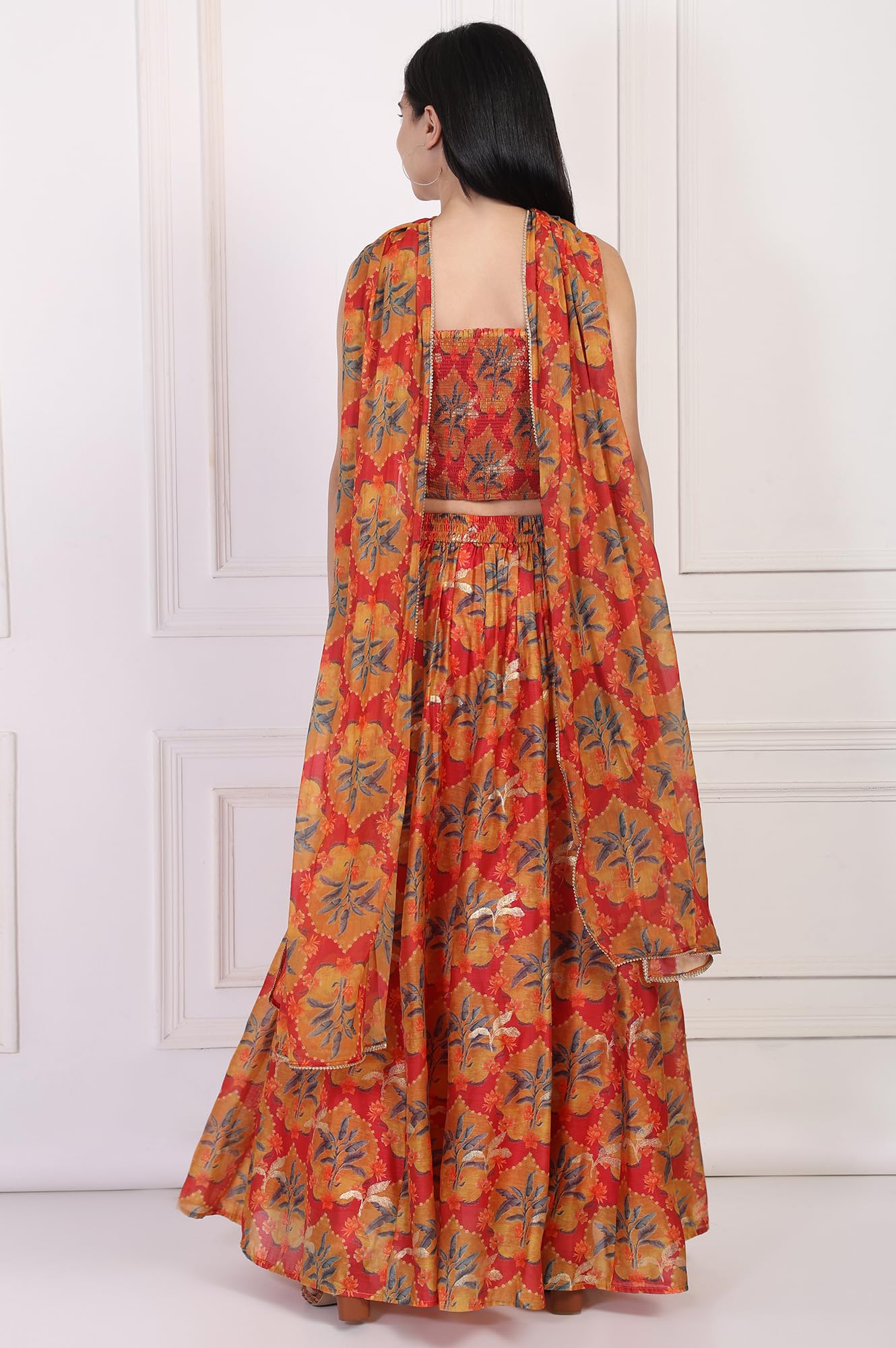 W for Woman Floral Printed Crepe Crop Top with Skirt and Dupatta Set (WS13899)