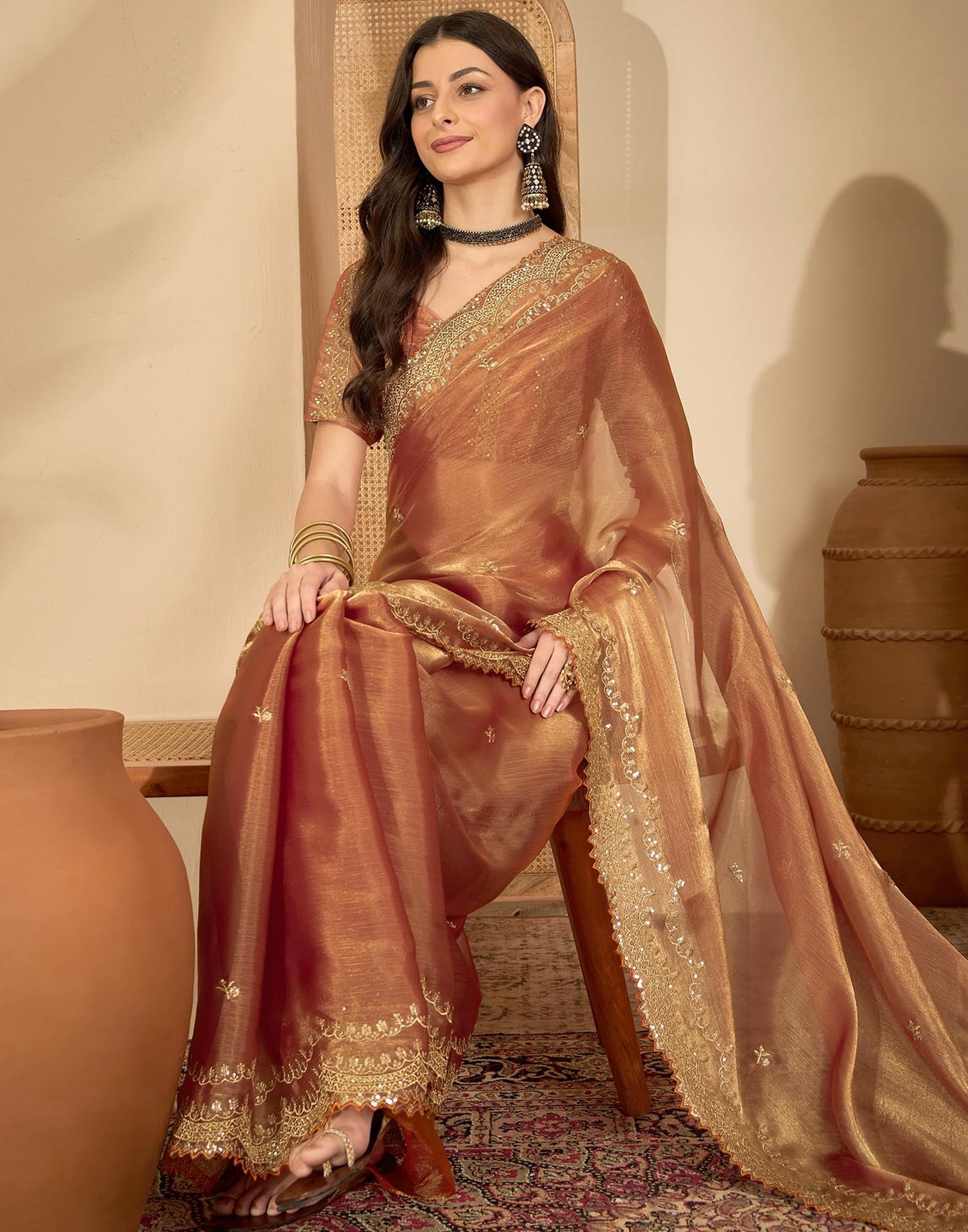 SIRIL Women's Embroidery Chiffon Saree With Unstitched Blouse Piece(4317S171_Orange)