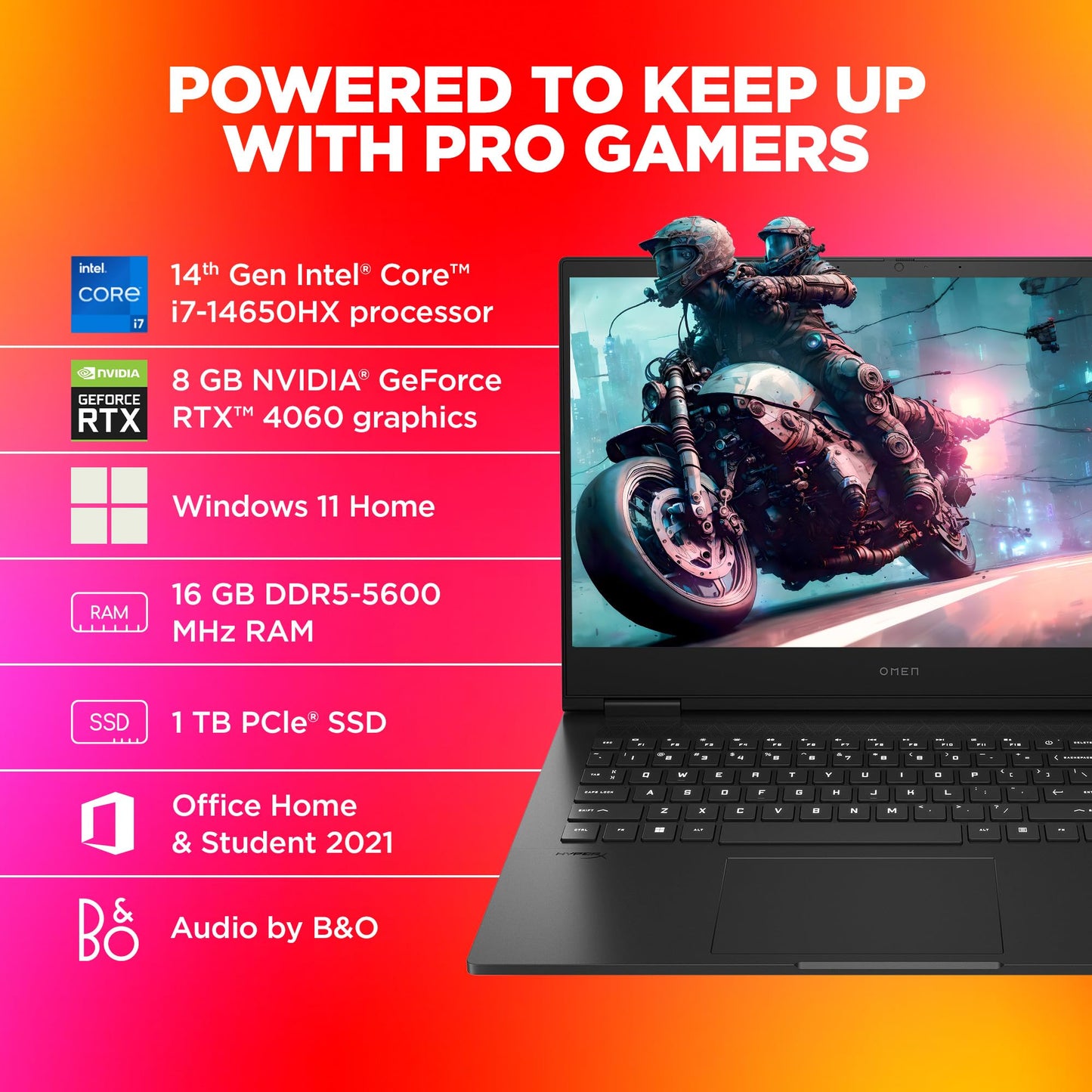 HP OMEN Gaming, 14th Gen Intel Core i7-14650HX, 16GB DDR5, 1TB SSD, 8GB NVIDIA RTX 4060, 16.1-inch(40.9cm), 144Hz, IPS, FHD Laptop, Backlit KB, HyperX audio (Win 11, Office 21, Black, 2.39kg) wf1096TX