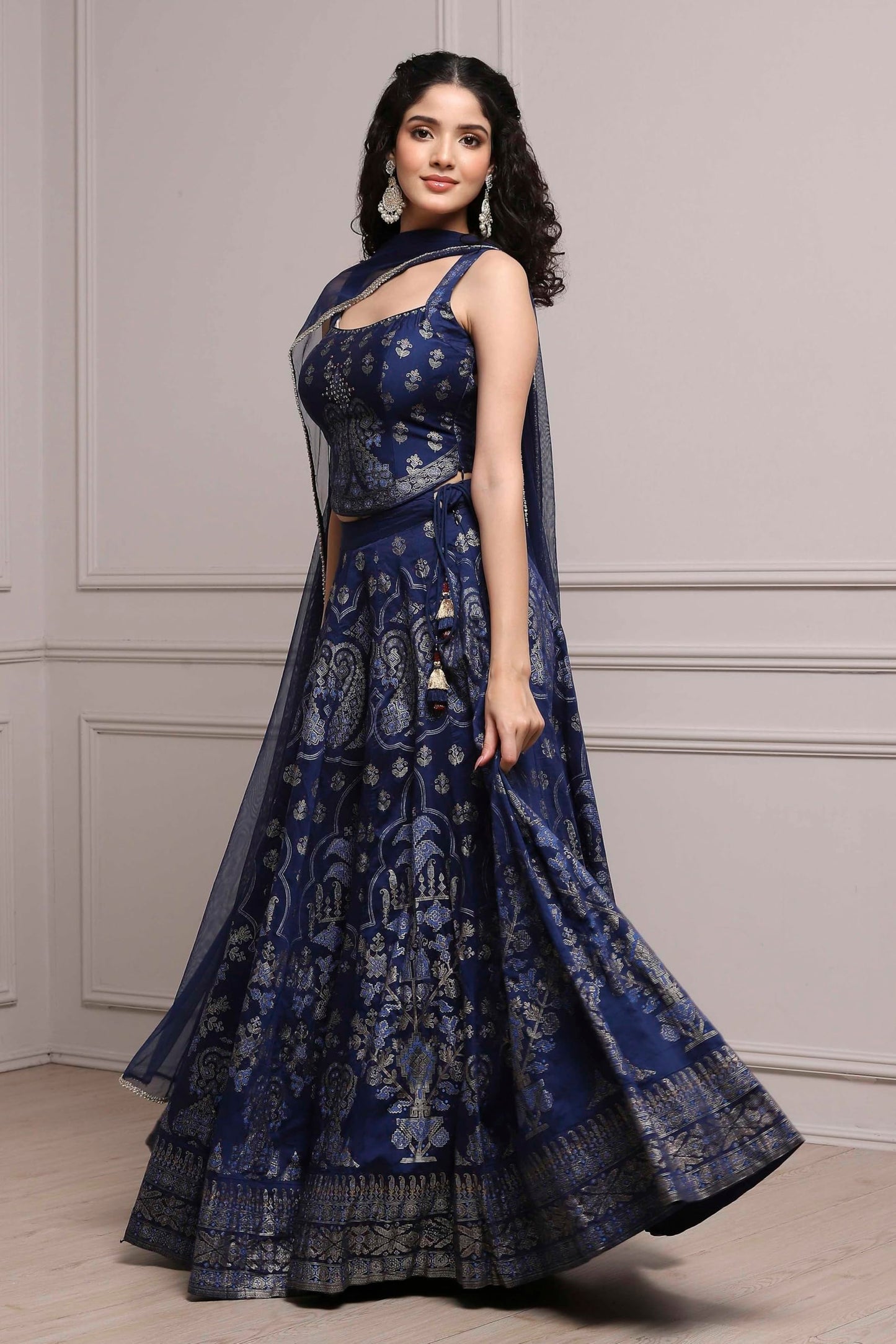 Biba Women Blue Fitted Printed Lightweight Lehenga Set_32