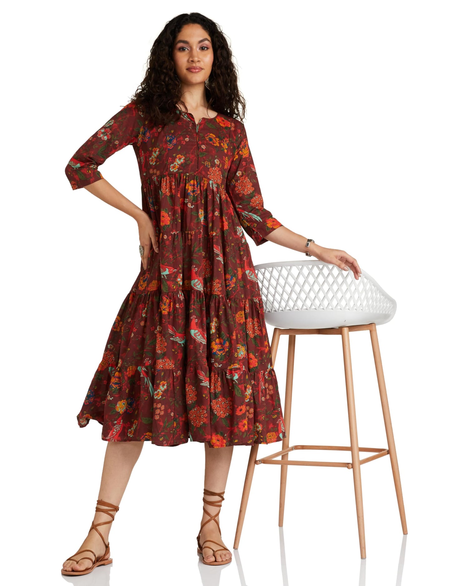 BIBA Women Printed Flared Mix and Match Ankle Length Fit and Flare Dress (Fusassorted1303E_Maroon_38)