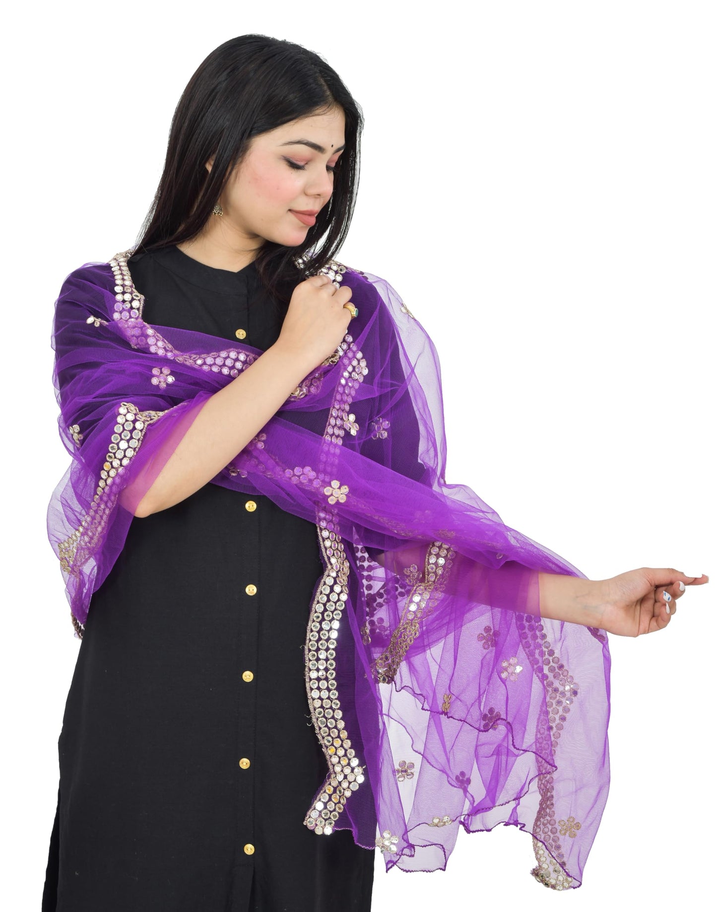 YOUTHQUAKE Embellished Mirror Half Curve Trendy Design Soft Net Dupatta for Womens & Girls (Purple)