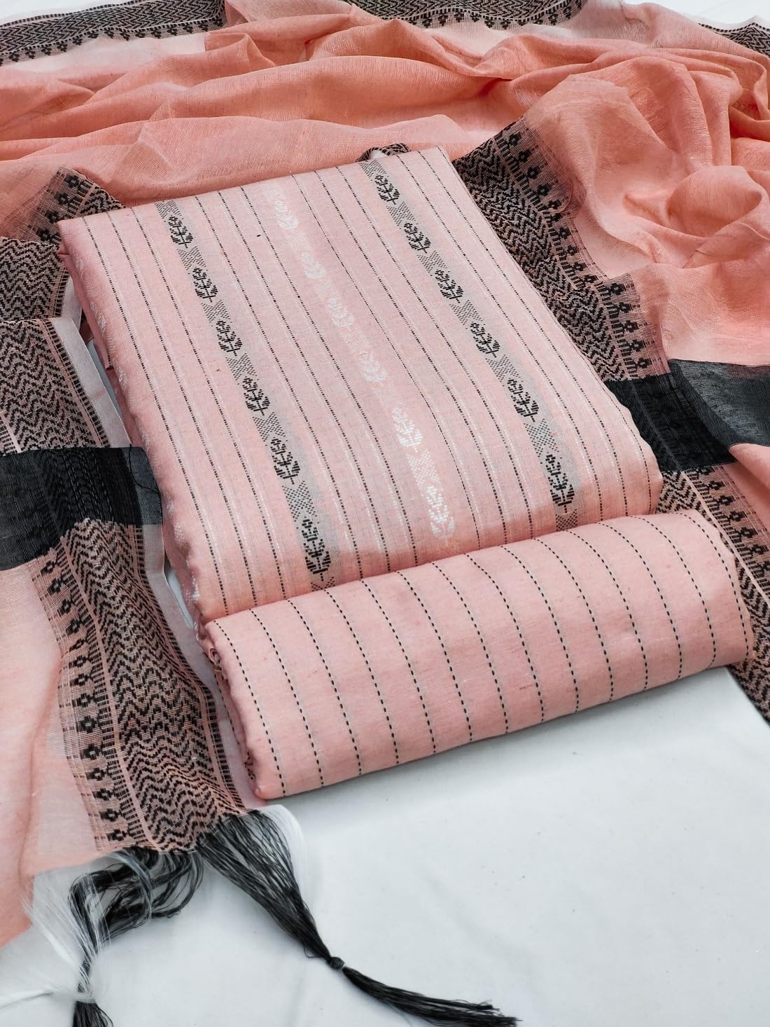 Pandadi Saree Women's Peach Cotton Jacquard Work Unstitched Salwar Suit Dress Material
