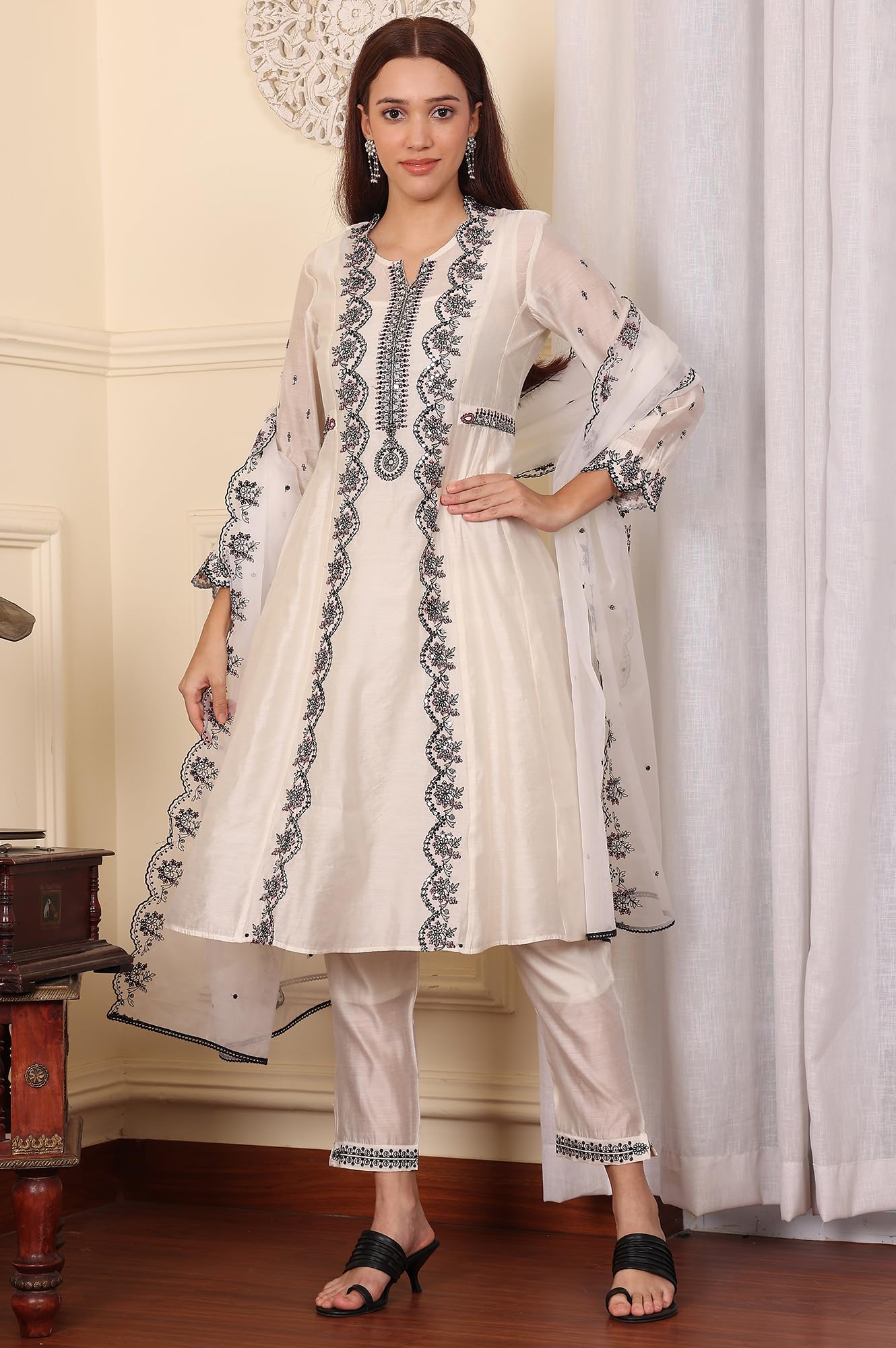 W for Woman Wishful White Chanderi Mock Panelled Embroidered Flared Kurta, Straight Pants and Dupatta Set (Size: XXL)-24FESP10672-221349