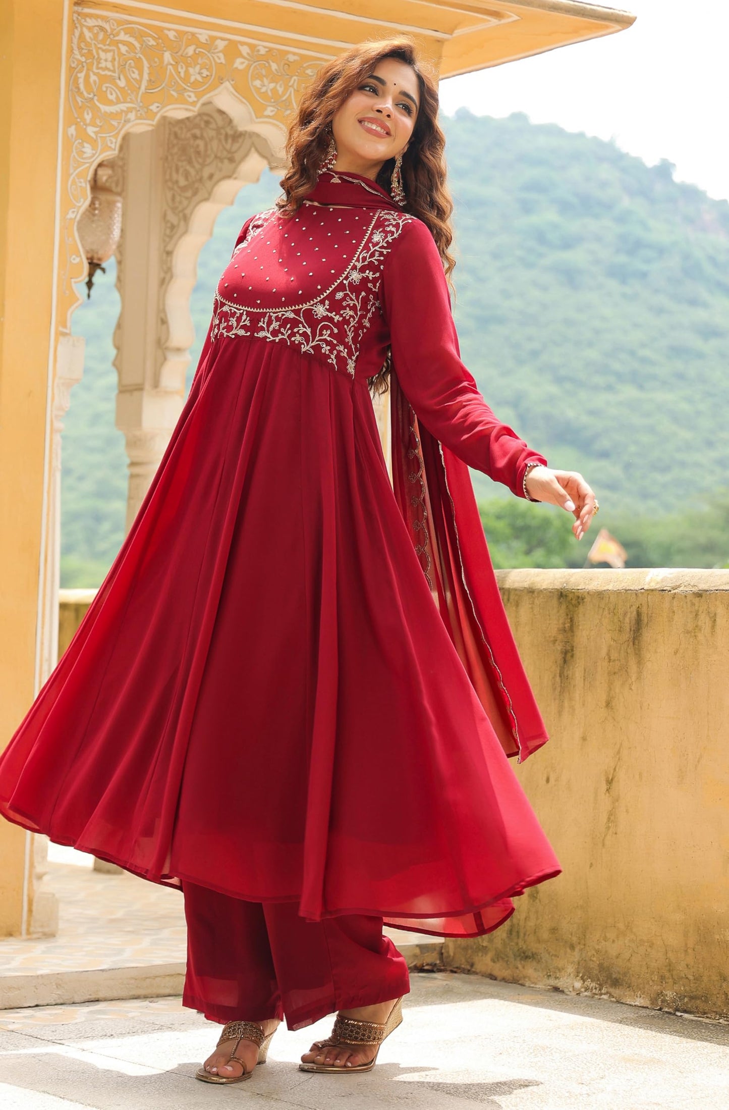 Janasya Maroon Embroidered Kurta with Palazzo & Dupatta for Women Georgette Fabric Latest Fashion