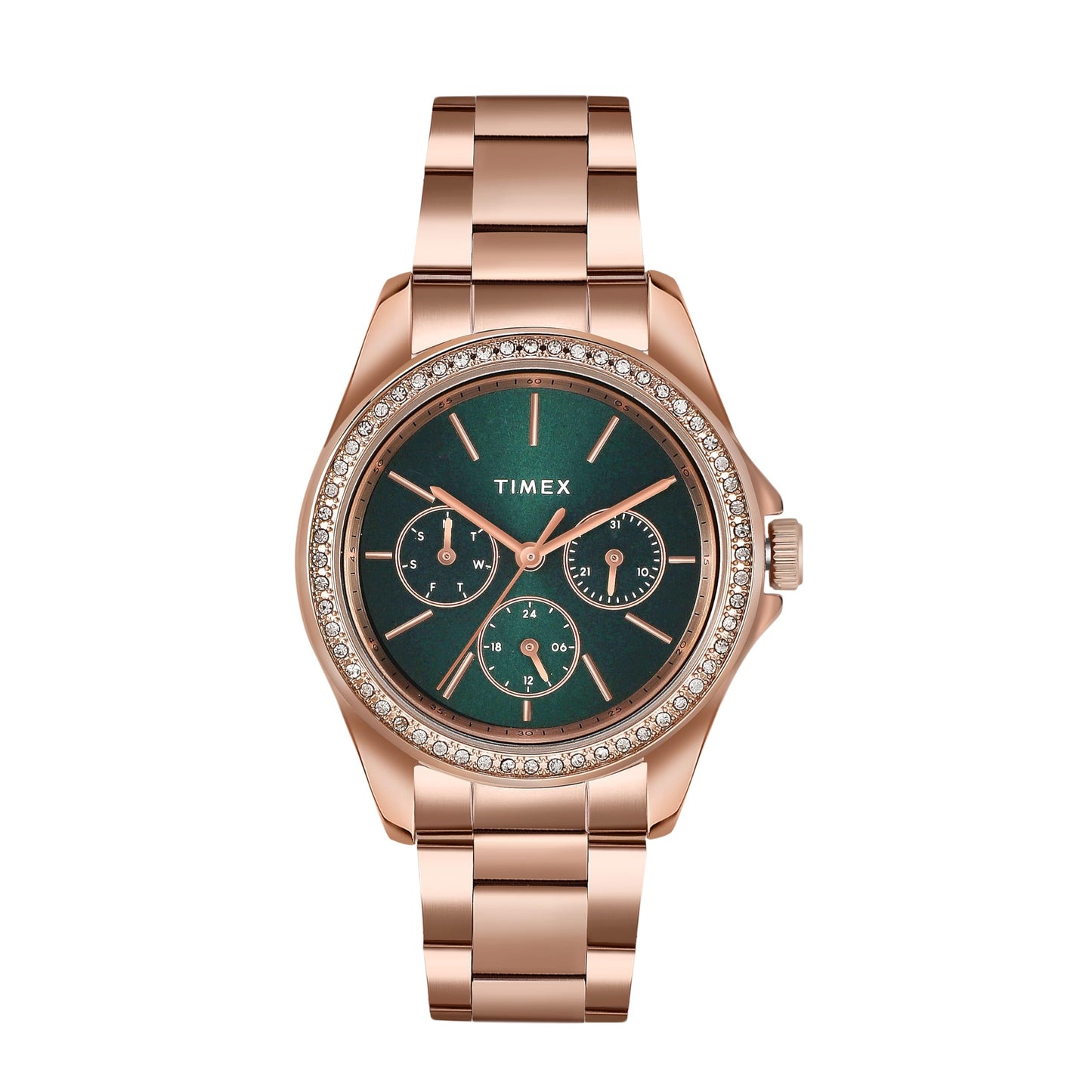 TIMEX Analog Watch for Women with Green Round Dial & Rose Gold Stainless Steel Bracelet Band Water Resistant Women's Wrist Watches - TW000Z402
