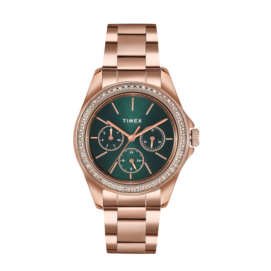 TIMEX Analog Watch for Women with Green Round Dial & Rose Gold Stainless Steel Bracelet Band Water Resistant Women's Wrist Watches - TW000Z402