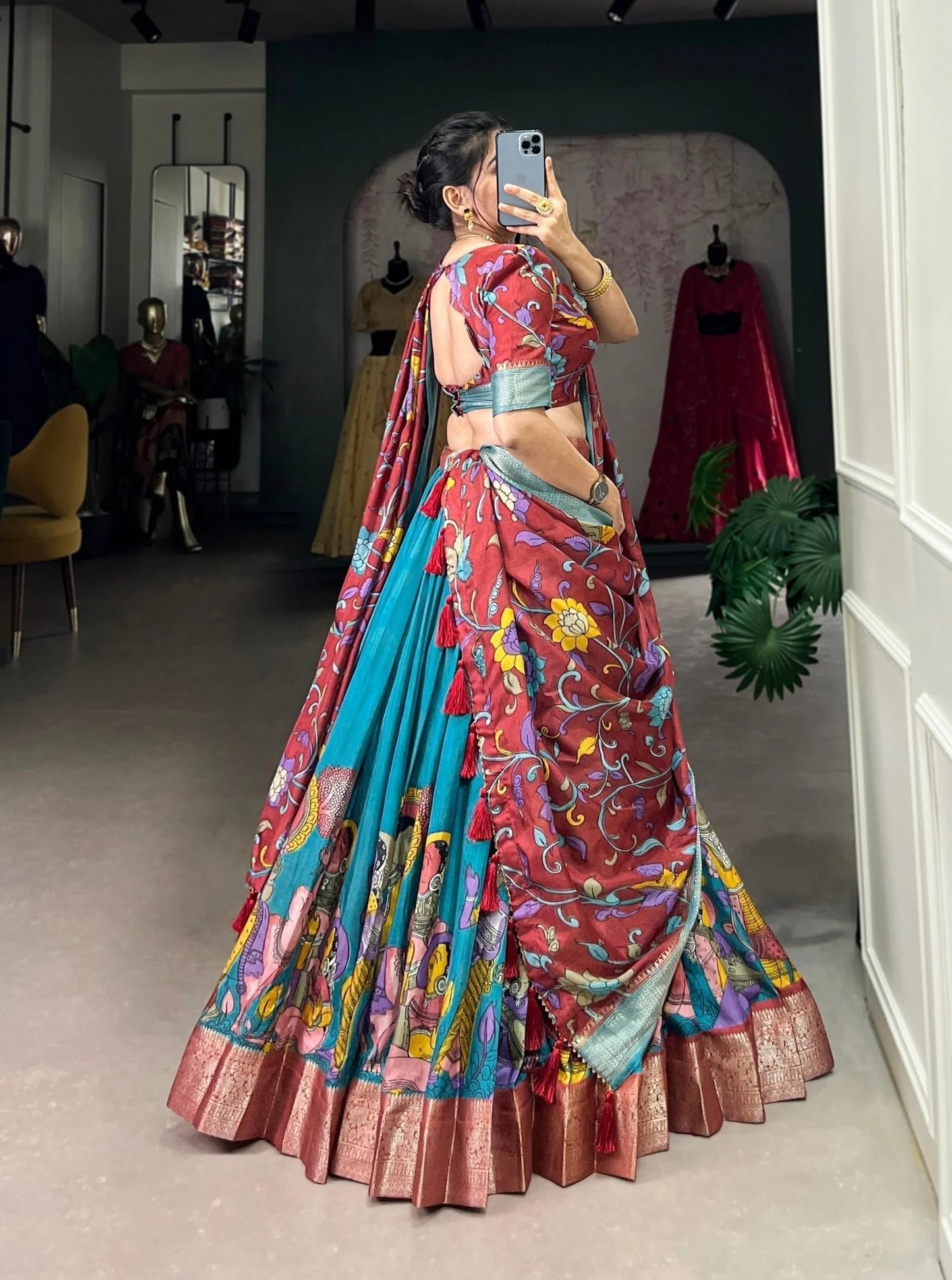 FIBREZA Women's Tussar Silk Lehenga Choli Set Semi-Stitched | Patola Print with Foil Work | Unstitched Blouse | Designer Ethnic Wear for Navratri, Wedding, Festival Prewedding Photoshoot (Rama)